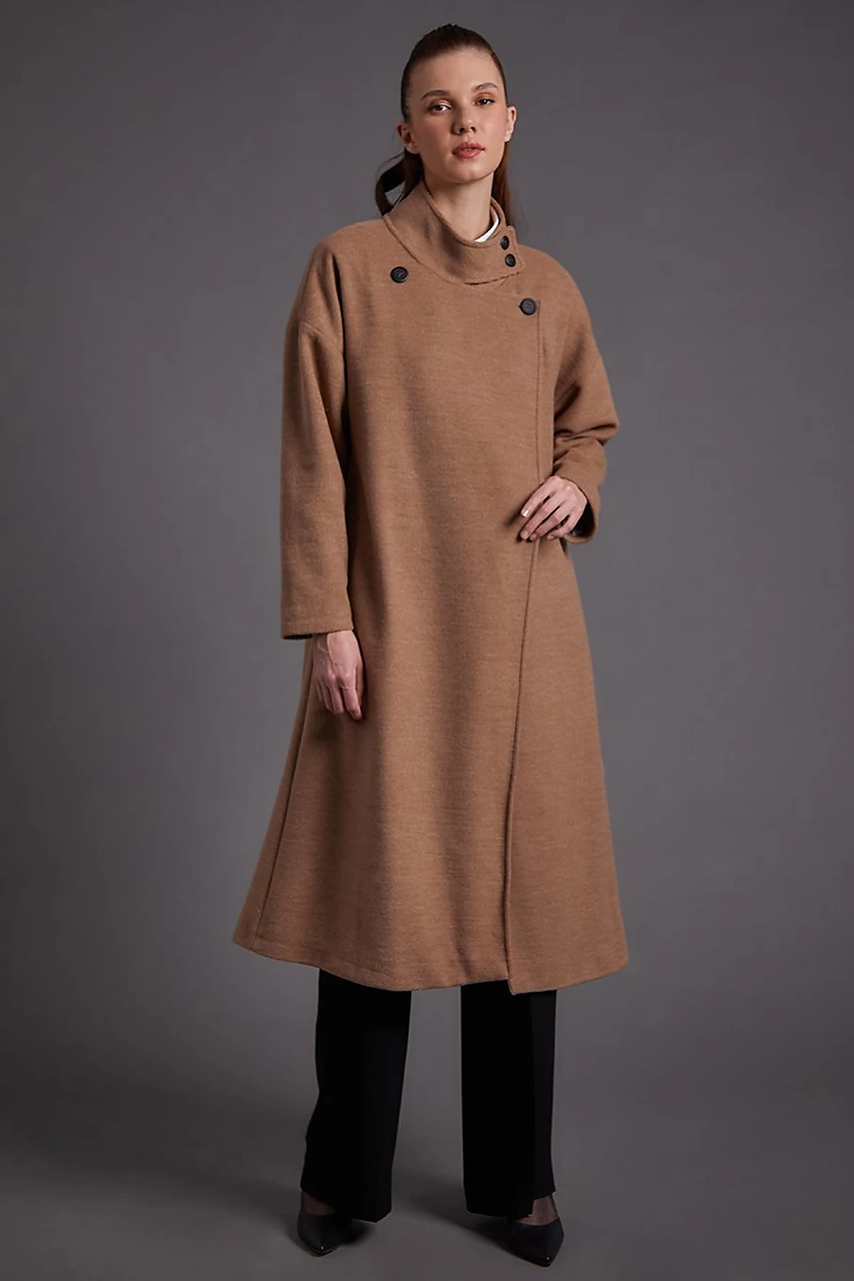High Collar Buttoned Asymmetrical Coat Chocolate