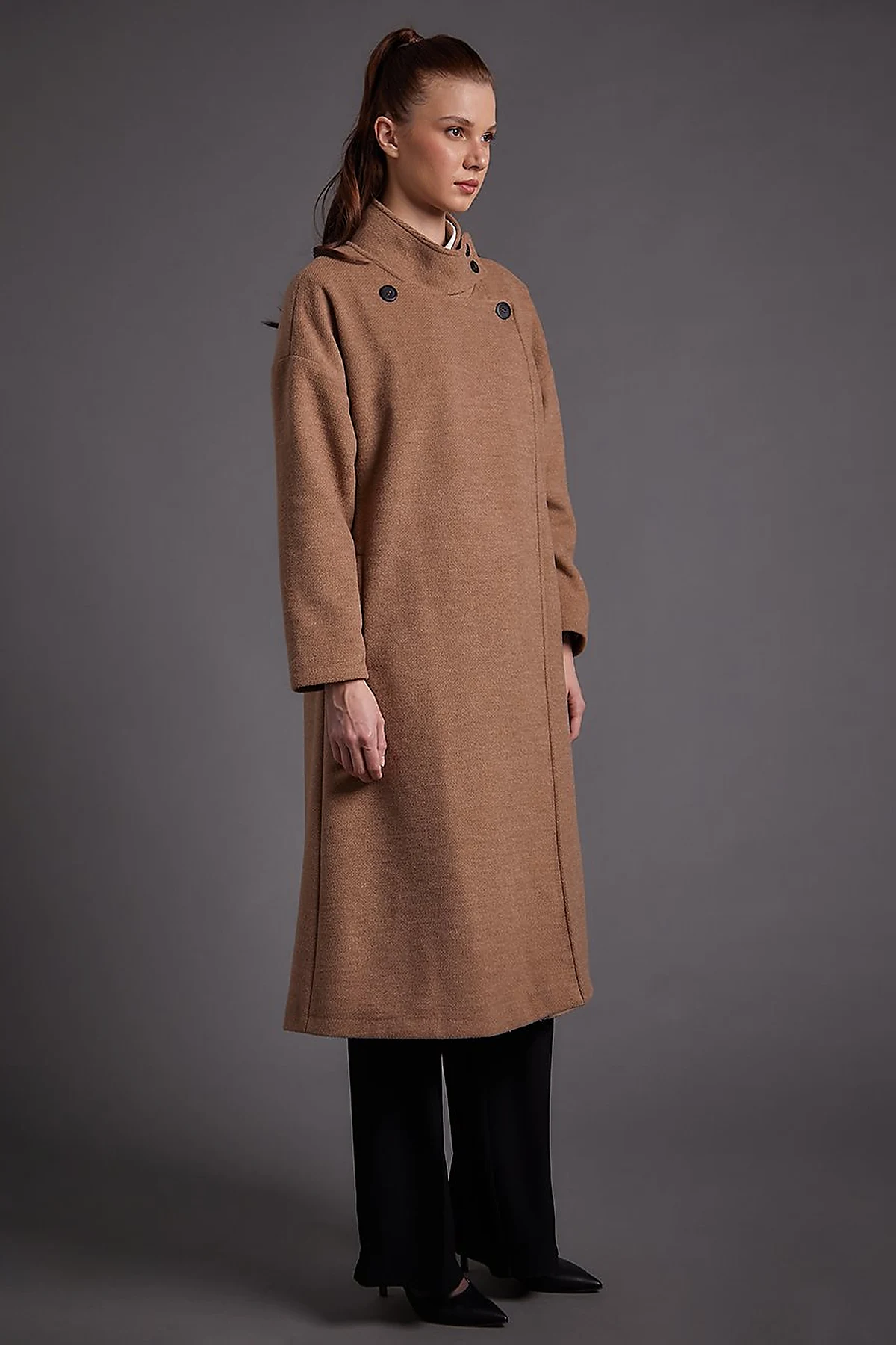 High Collar Buttoned Asymmetrical Coat Chocolate