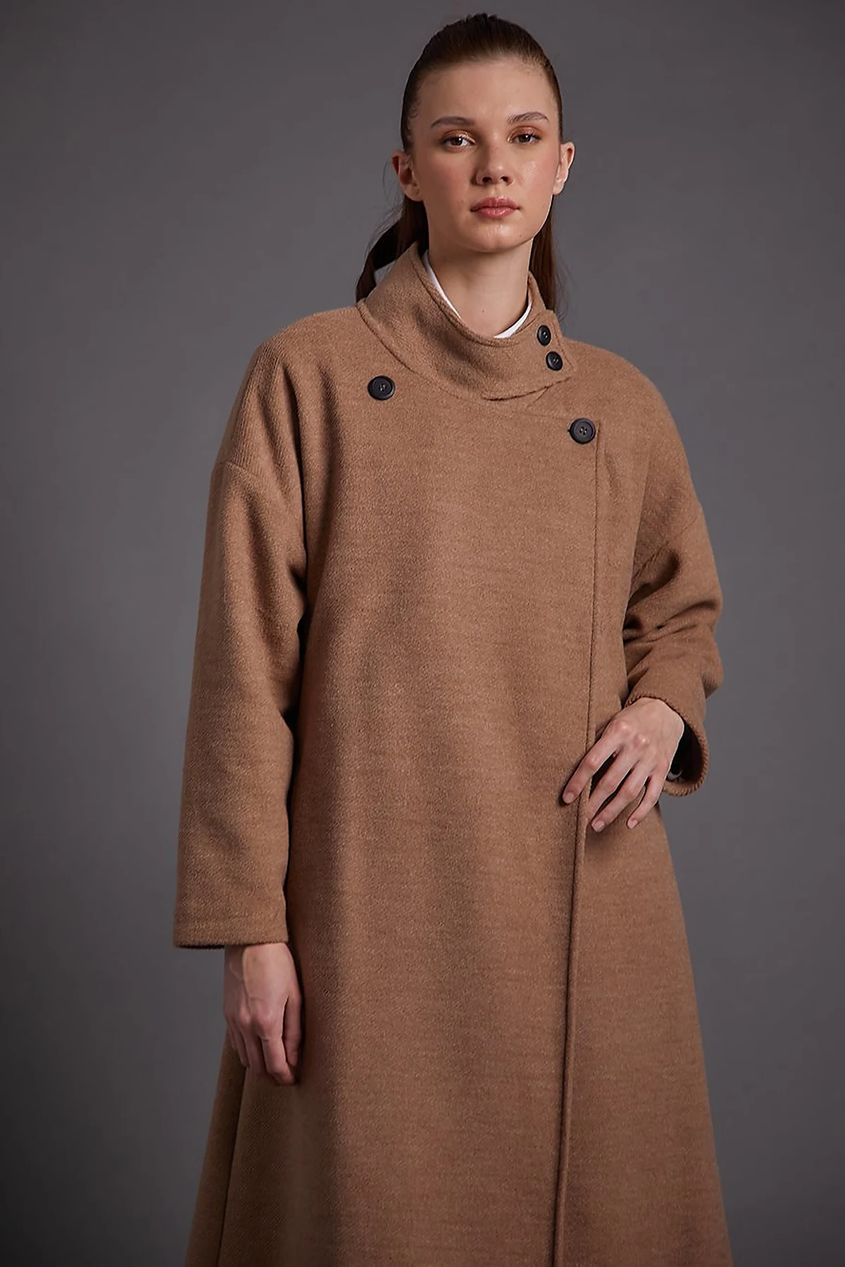 High Collar Buttoned Asymmetrical Coat Chocolate