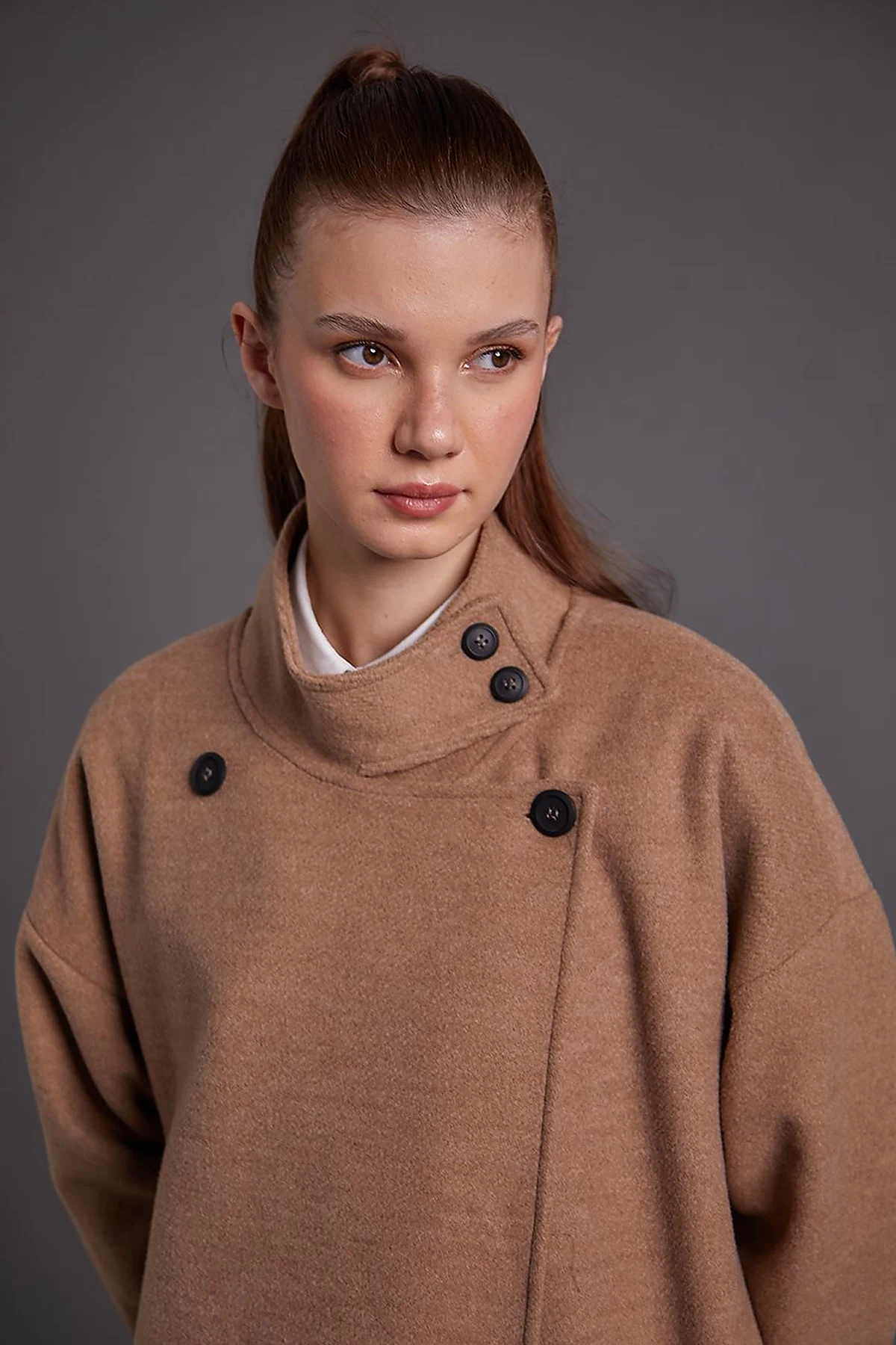 High Collar Buttoned Asymmetrical Coat Chocolate