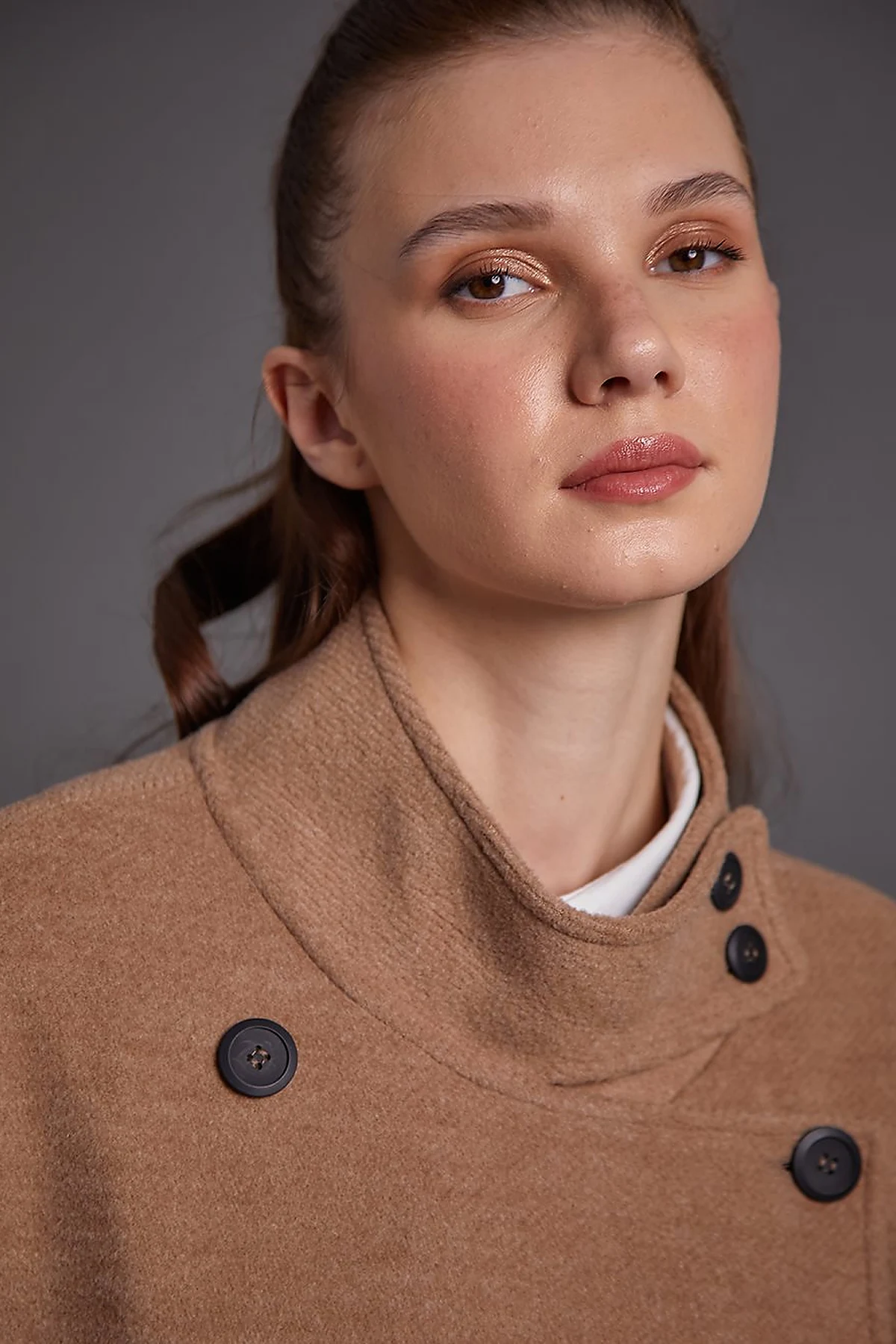 High Collar Buttoned Asymmetrical Coat Chocolate