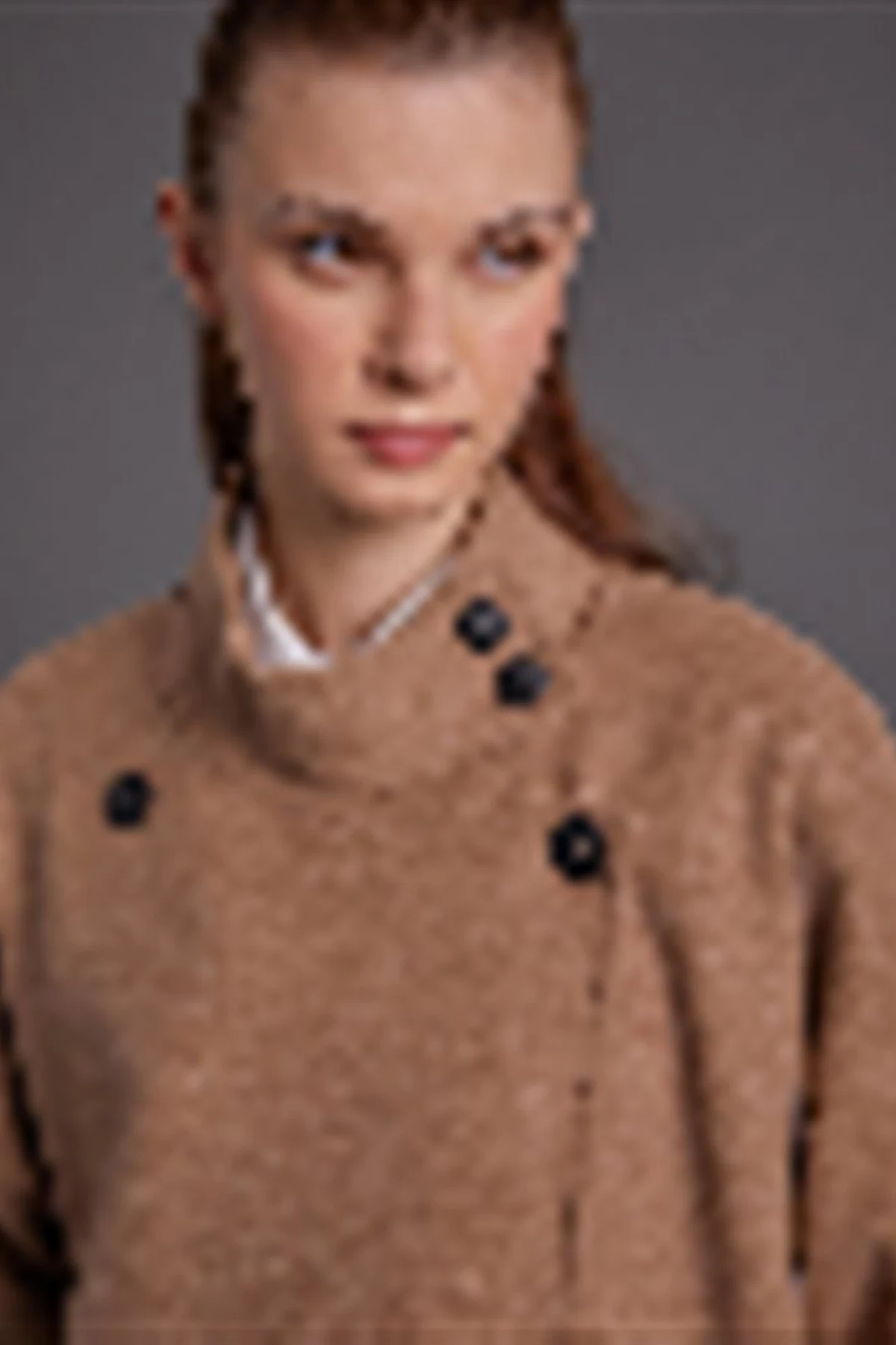 High Collar Buttoned Asymmetrical Coat Chocolate