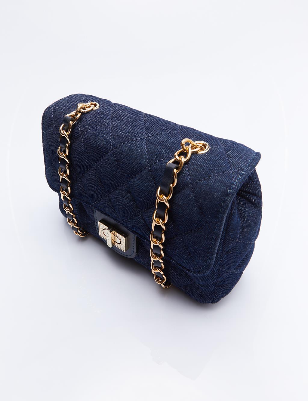 Clamshell Chain Strap Denim Bag Navy Blue
