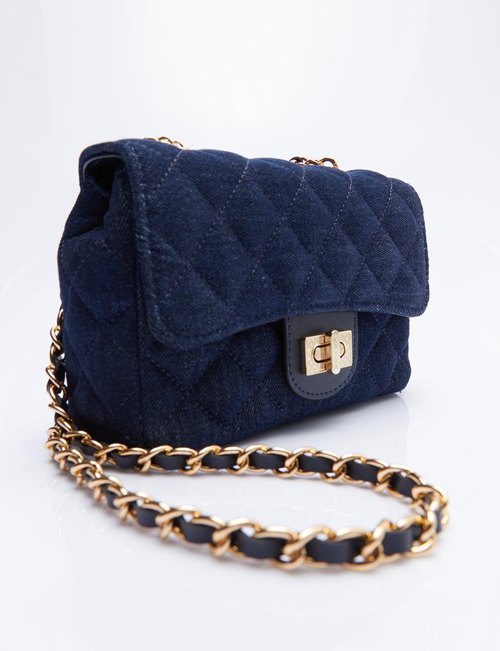 Clamshell Chain Strap Denim Bag Navy Blue