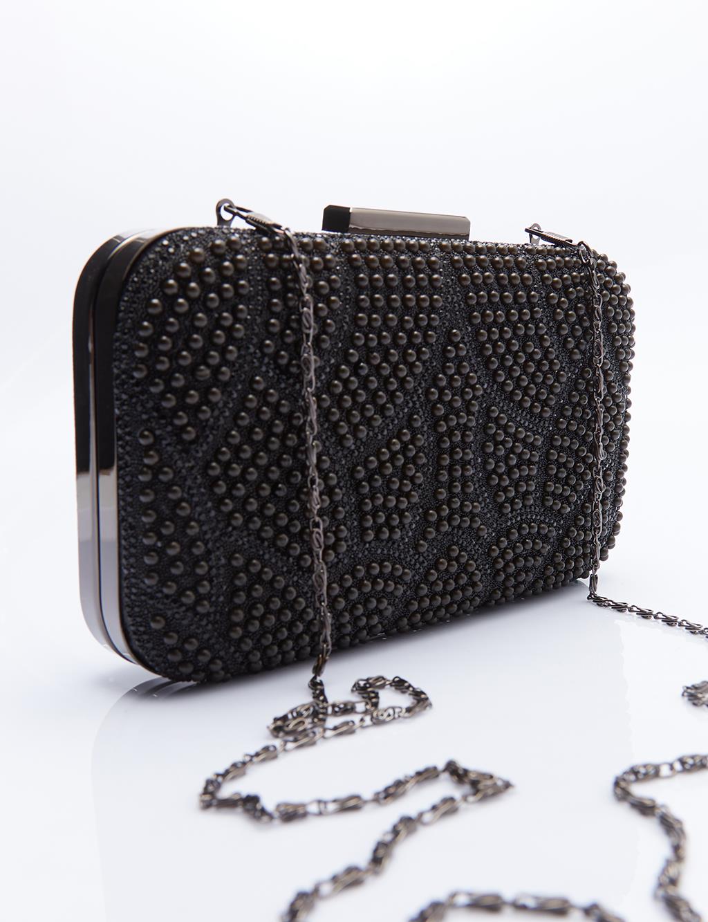 Double Sided Pearl Detail Evening Bag Black