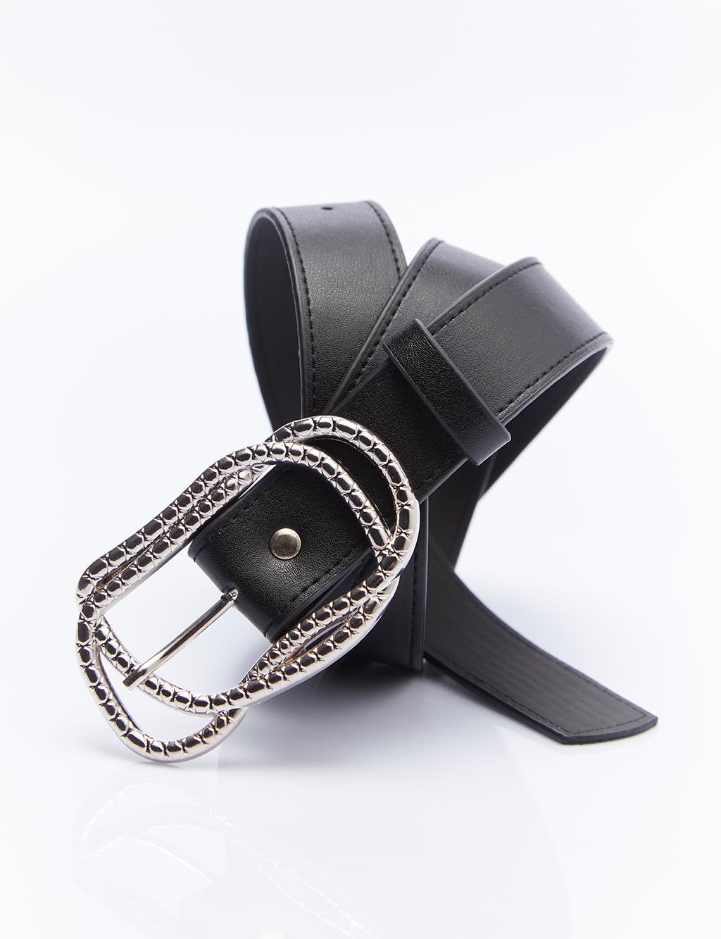 Belt with Double Metal Buckle Black Silver