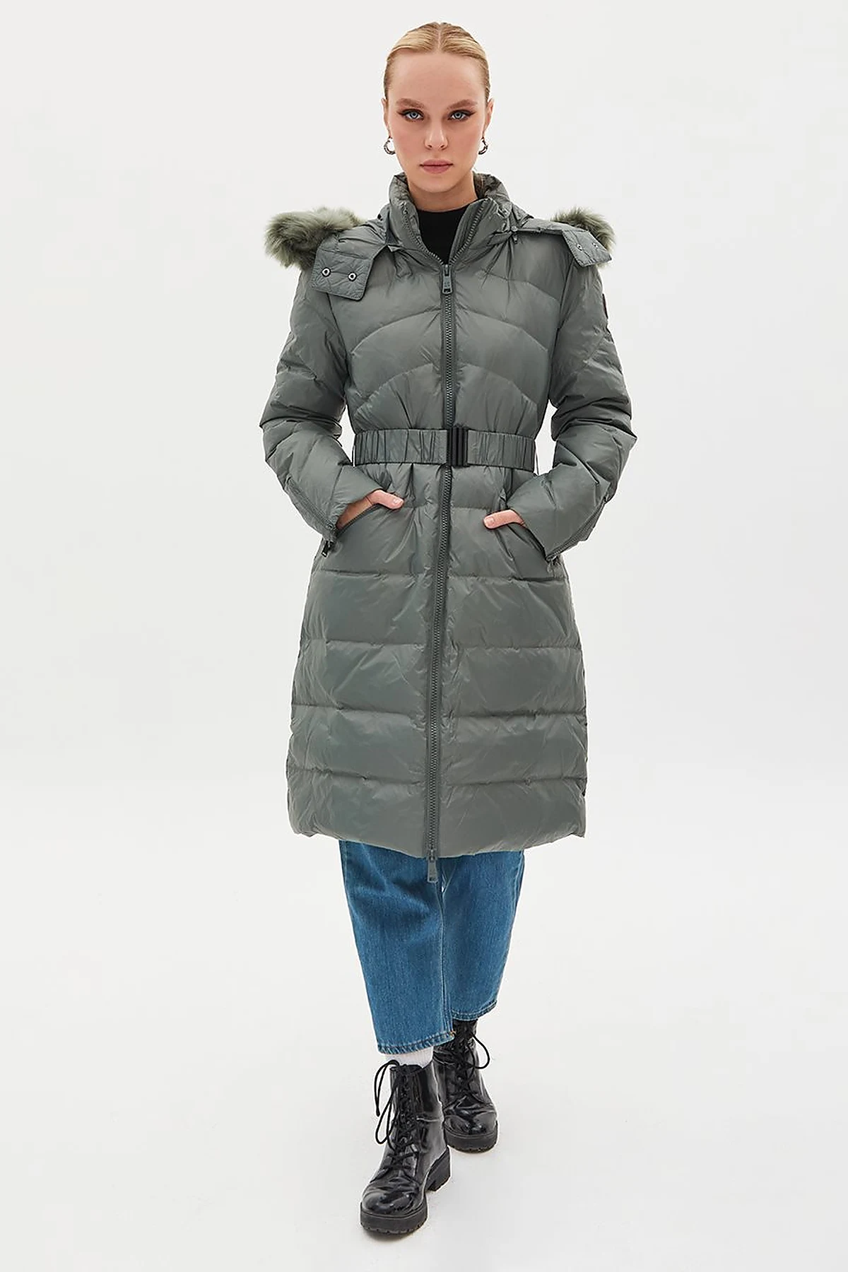 Removable Hooded Goose Down Coat Mold Green