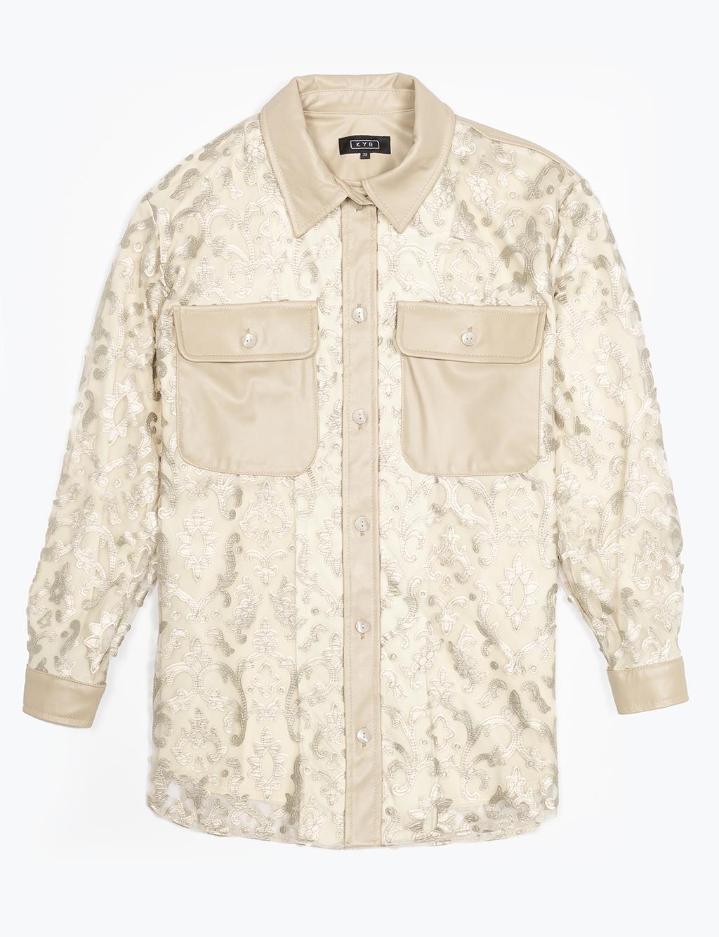 Leather Garnished Patterned Shirt Cream