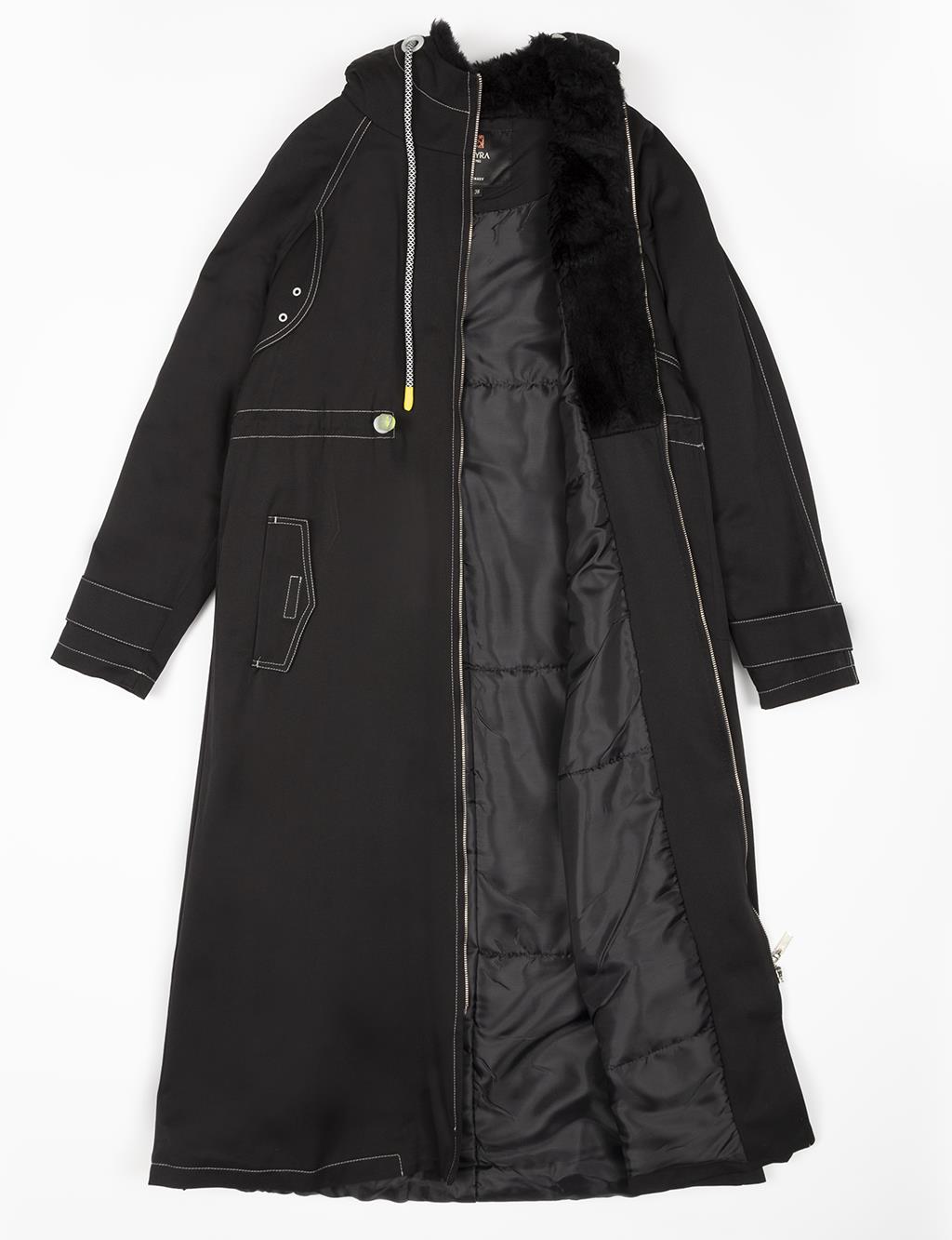 Waist Adjustable Hooded Detailed Coat Black