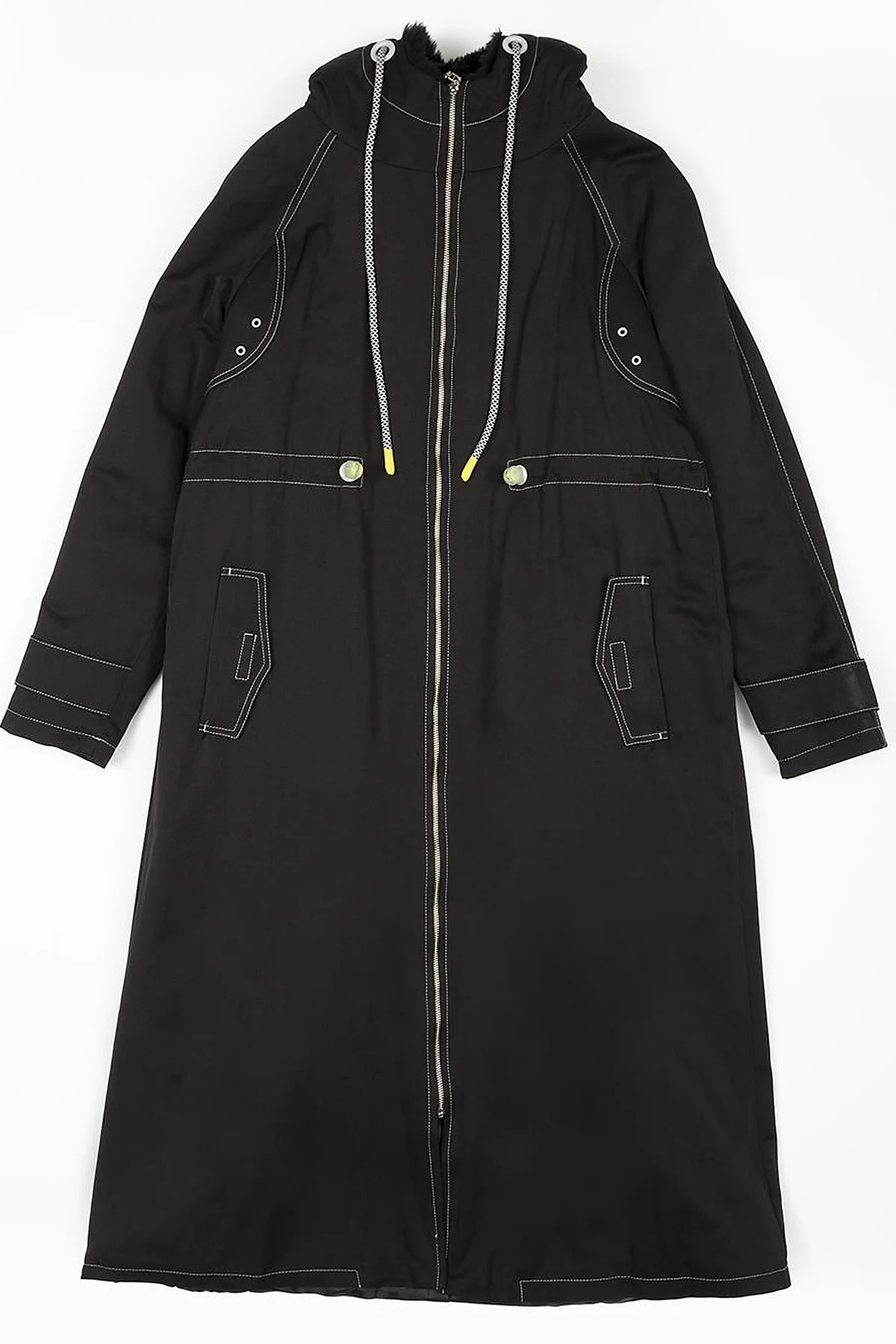 Adjustable Waist Hooded Anorak Coat Black