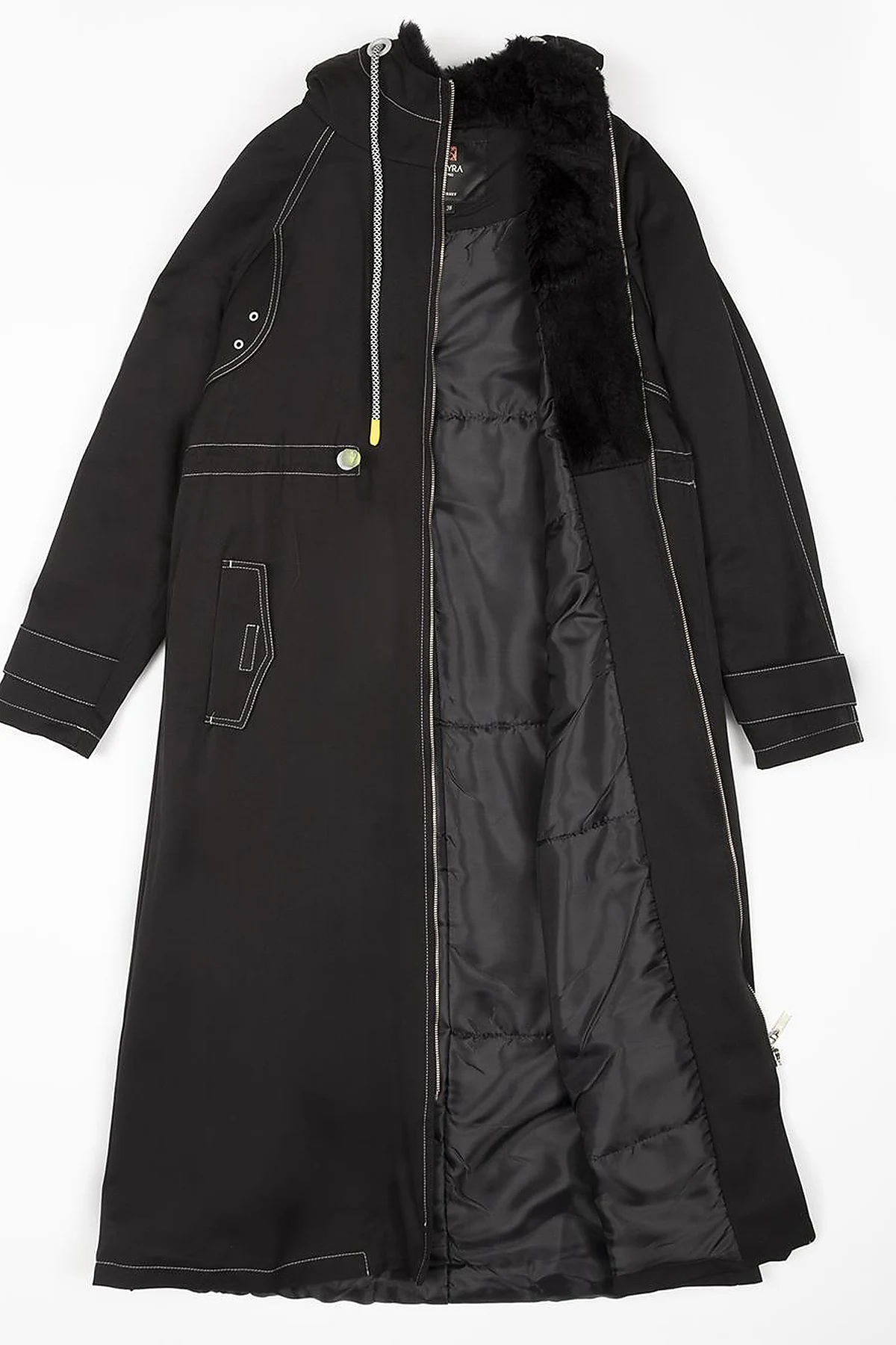 Adjustable Waist Hooded Anorak Coat Black