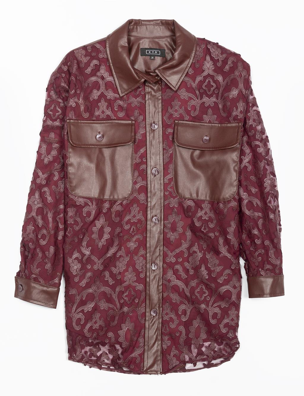 Leather Garnished Patterned Shirt Claret Red