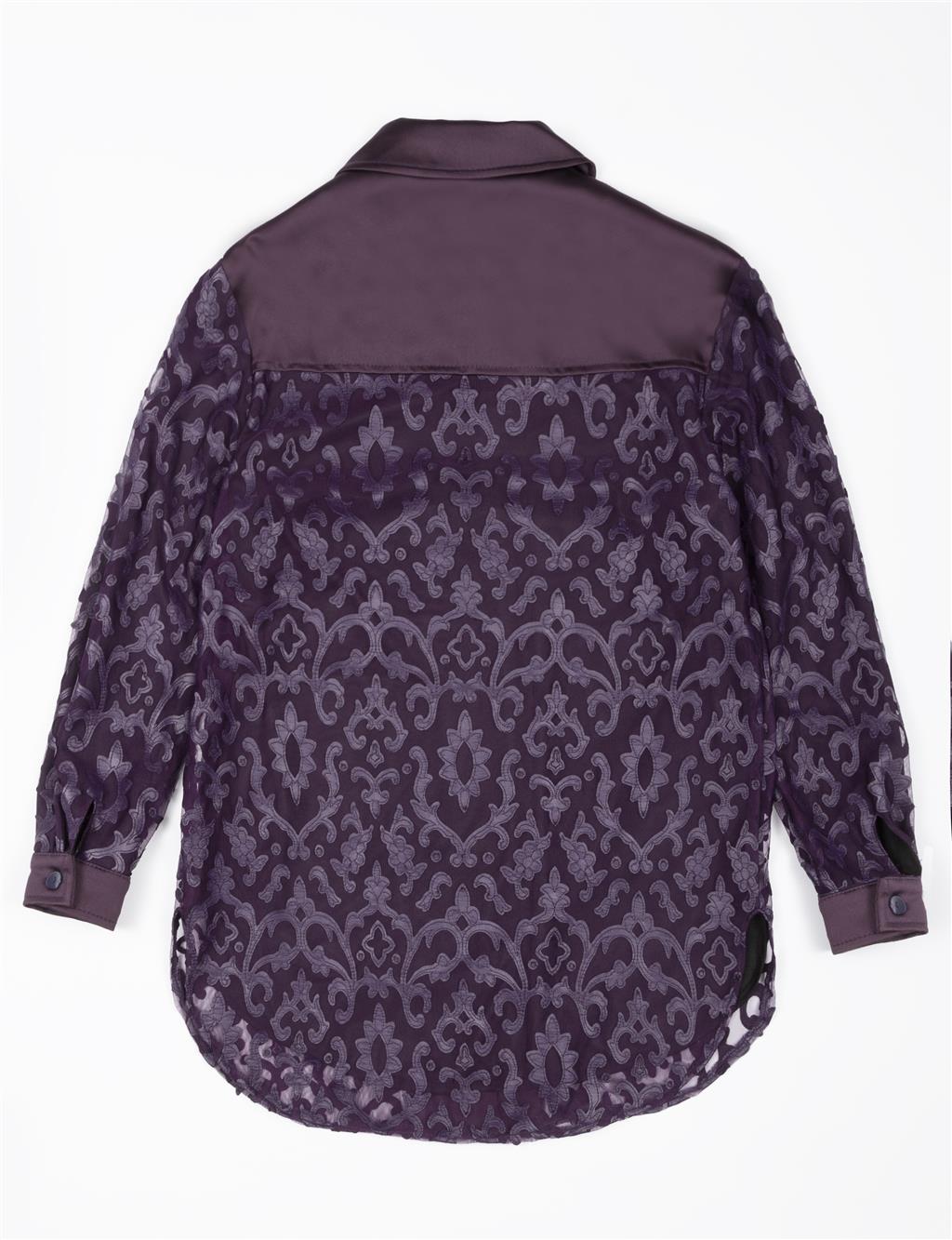 Leather Garnished Patterned Shirt Purple