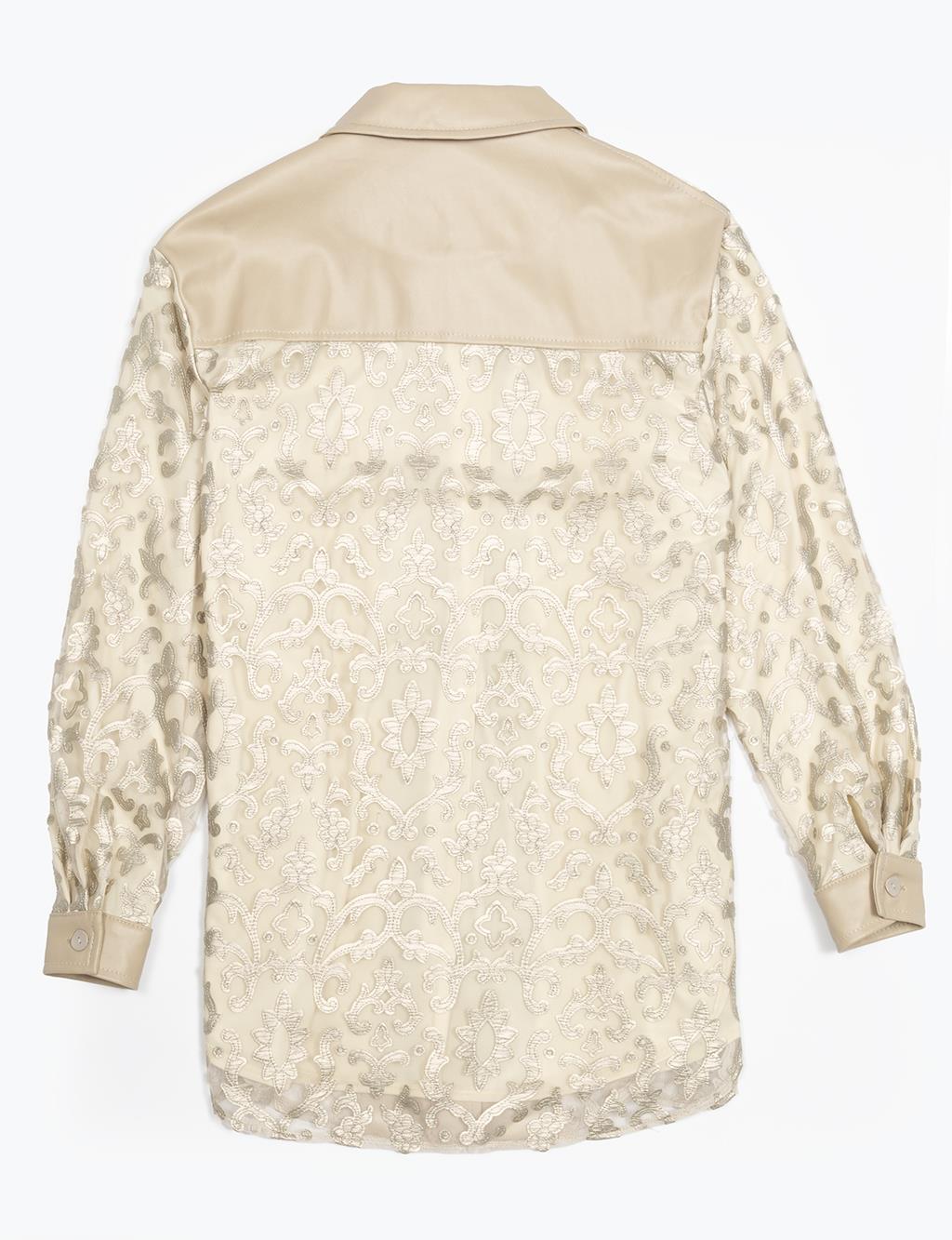 Leather Garnished Patterned Shirt Cream