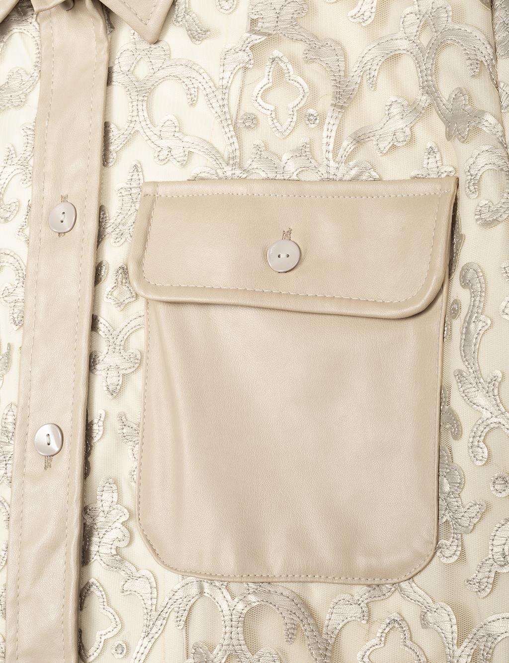 Leather Garnished Patterned Shirt Cream