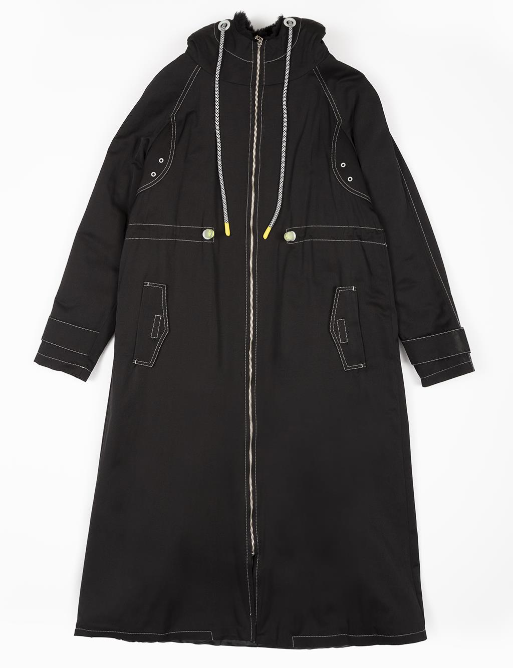 Waist Adjustable Hooded Detailed Coat Black