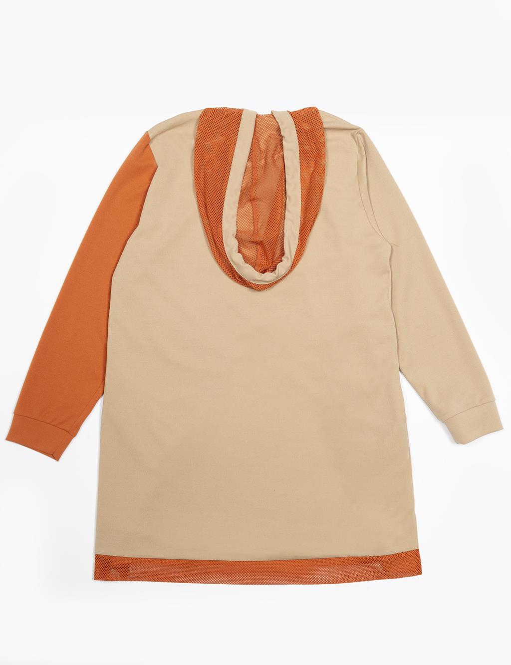 Hooded Detailed Printed Double Set Milk Brown