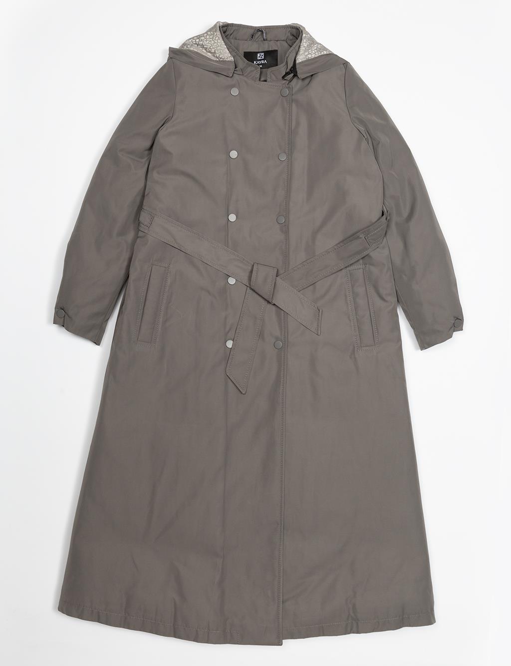 Waist Adjustable Hooded Detailed Coat Smoked