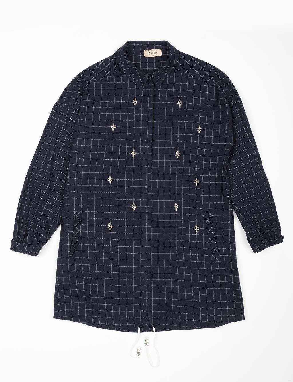 Shirt Collar Stone Detailed Tunic Navy Blue