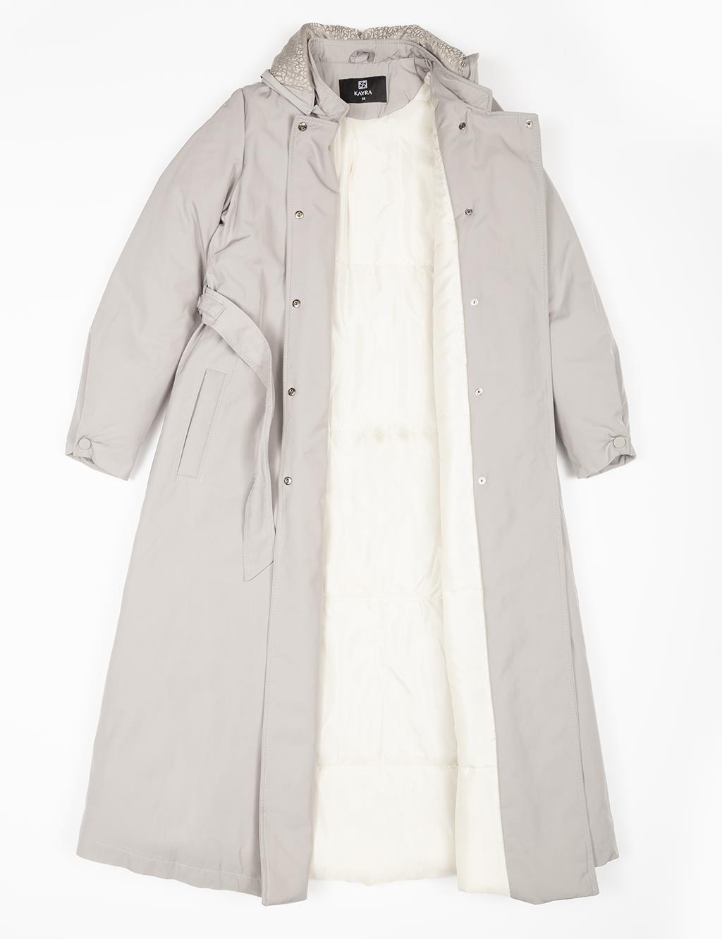 Waist Adjustable Hooded Detailed Coat Gray