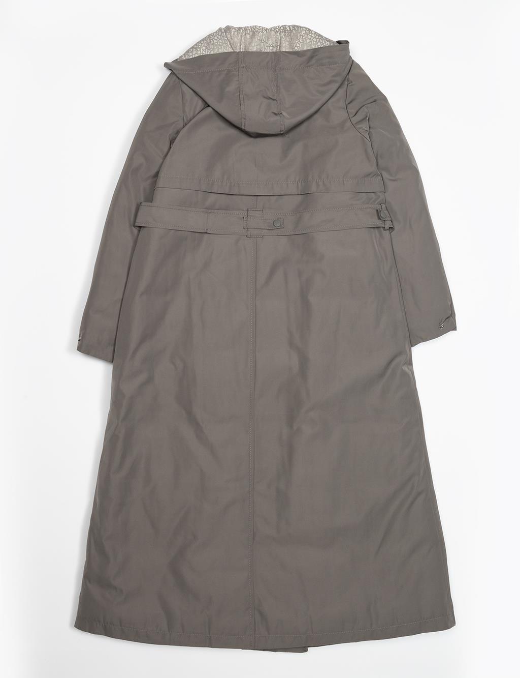 Waist Adjustable Hooded Detailed Coat Smoked
