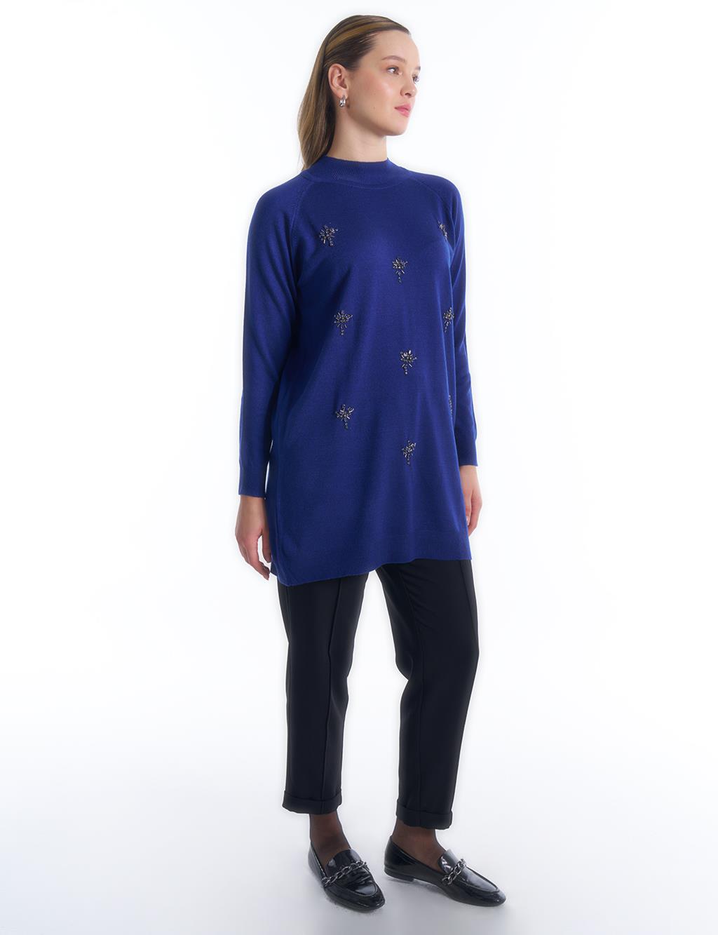 Turtleneck Stone Embroidered Tunic Indigo