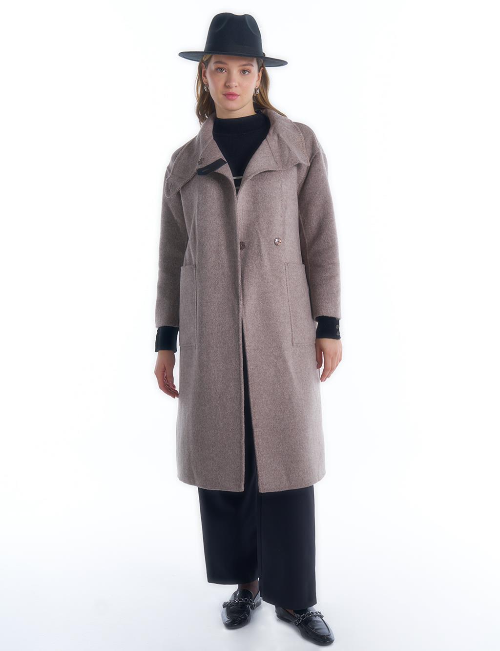 Premium Wool Stand Collar Coat Dark Khaki