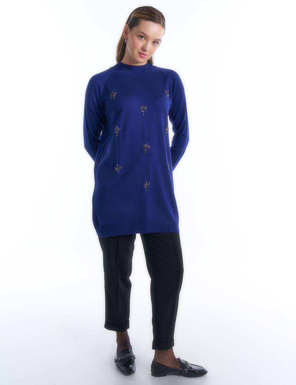 Turtleneck Stone Embroidered Tunic Indigo