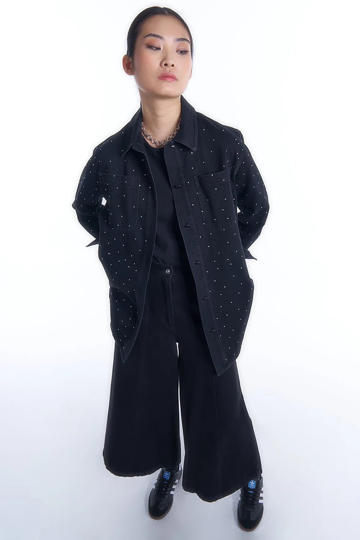 Taşlı Cep Detaylı Denim Ceket Siyah