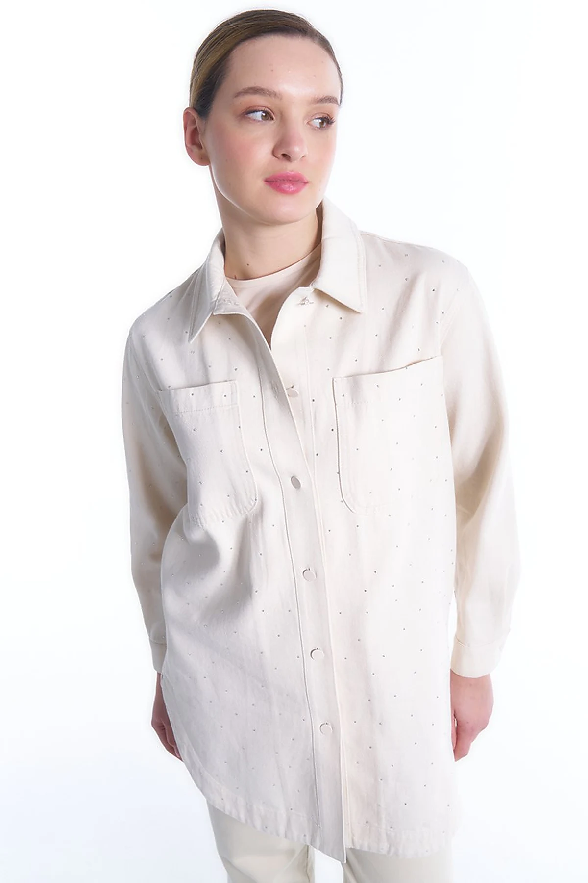 Taşlı Cep Detaylı Denim Ceket Krem