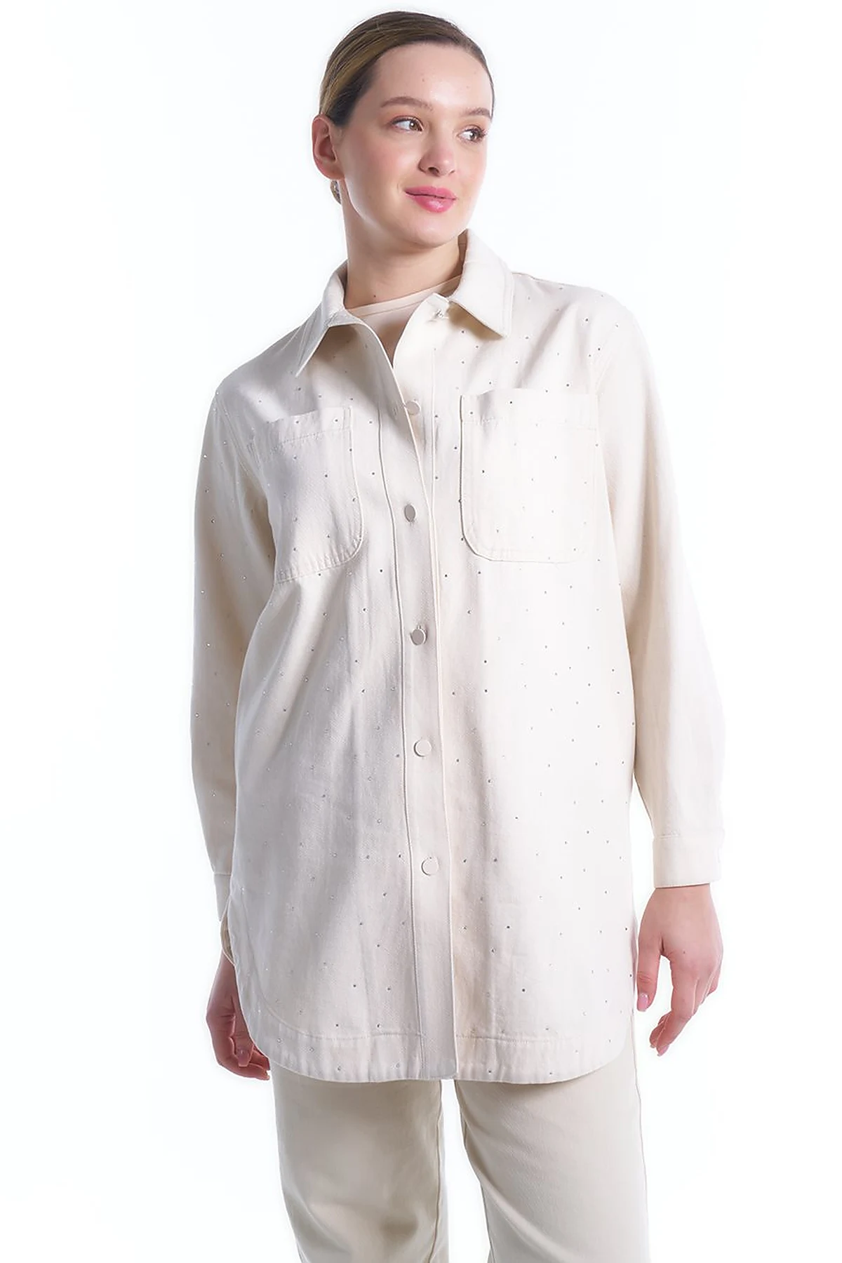 Taşlı Cep Detaylı Denim Ceket Krem