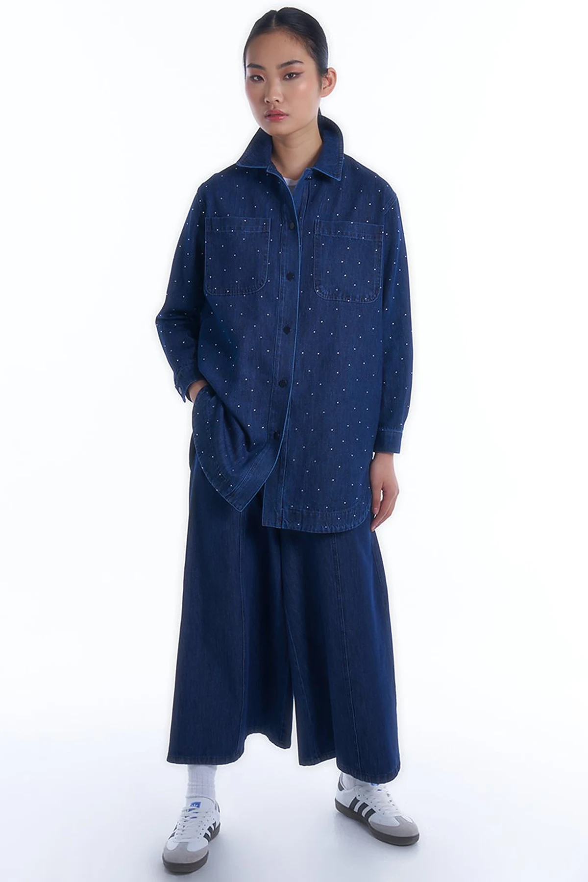 Taşlı Cep Detaylı Denim Ceket İndigo