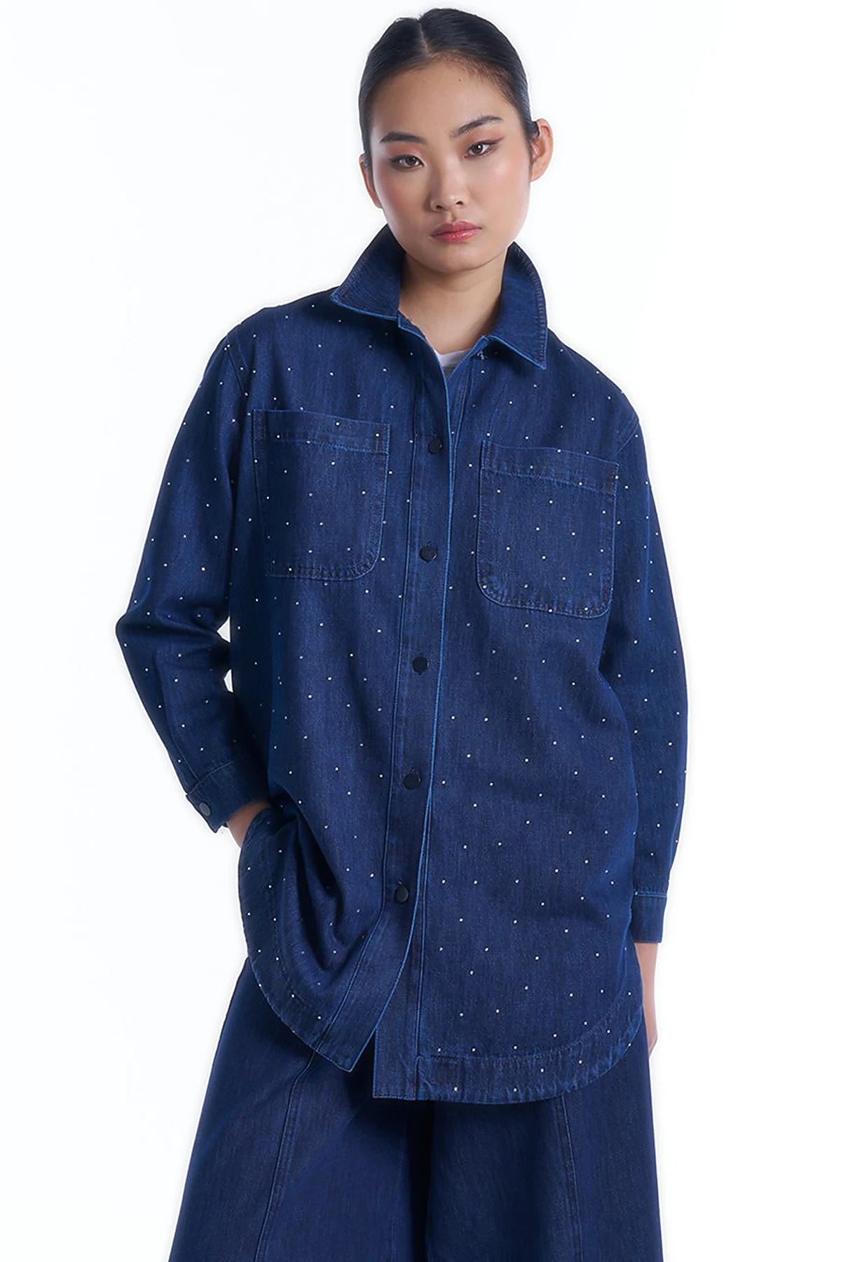 Taşlı Cep Detaylı Denim Ceket İndigo