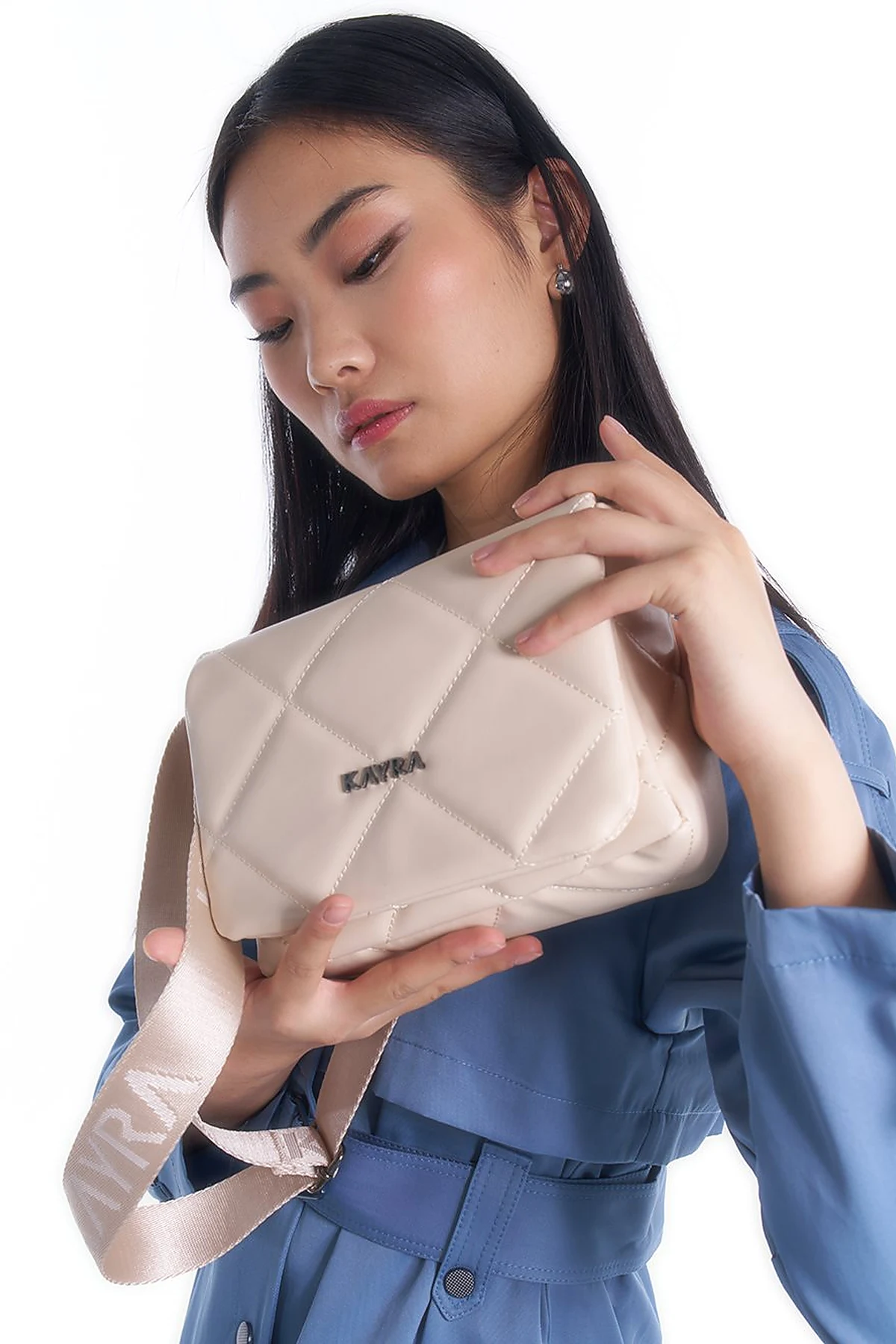 Quilted Rectangular Bag with Woven Hanger Cream