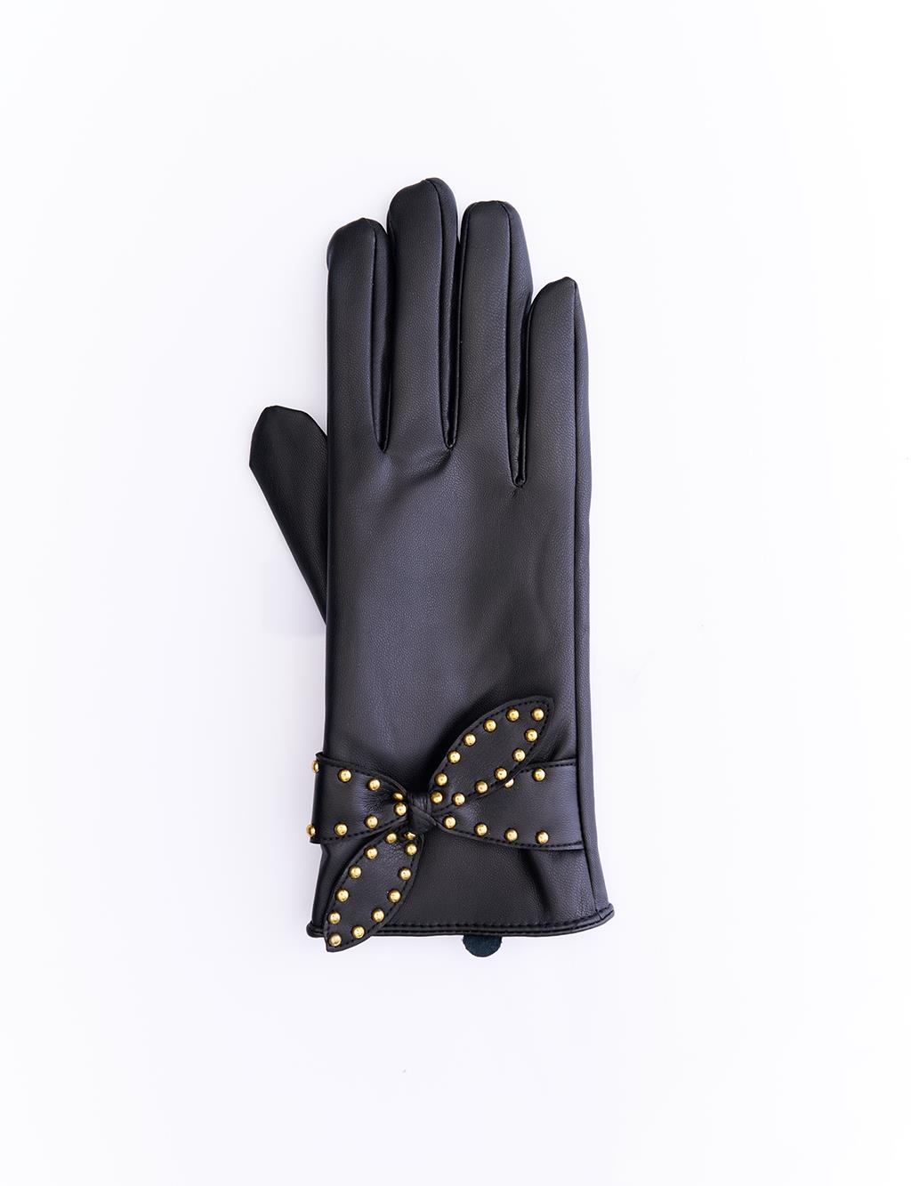 Staple Detailed Faux Leather Gloves Black