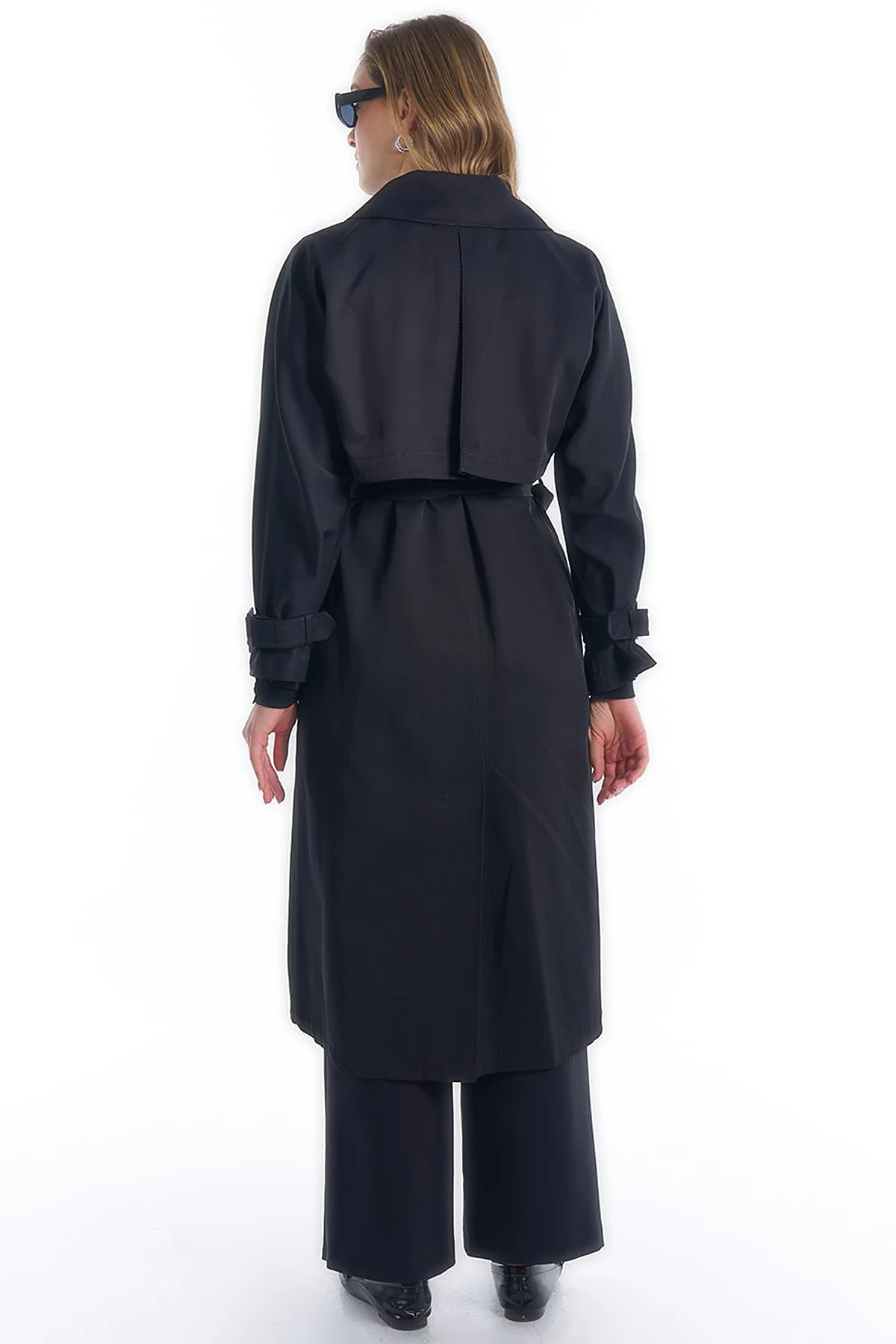 Double-Breasted Collar Belted Trench Coat in Black