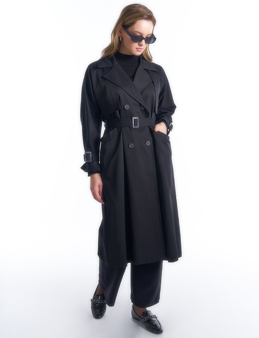 Double Breasted Collar Belt Detailed Trench Coat Black