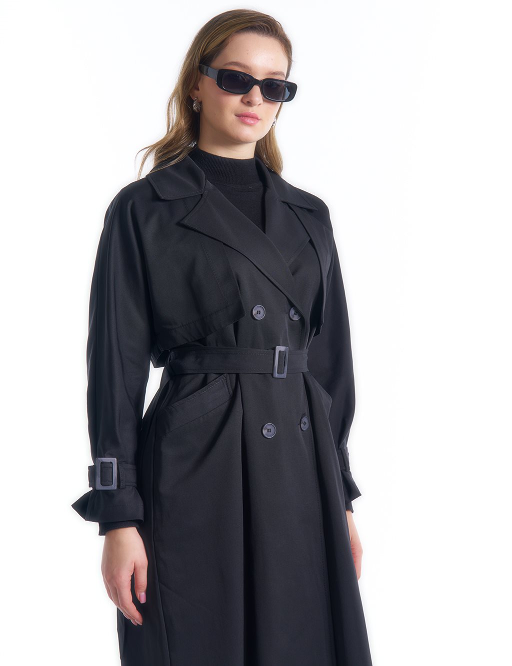Double Breasted Collar Belt Detailed Trench Coat Black