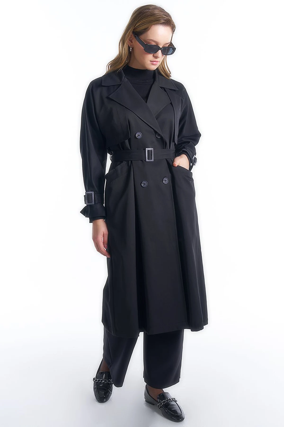 Double-Breasted Collar Belted Trench Coat in Black