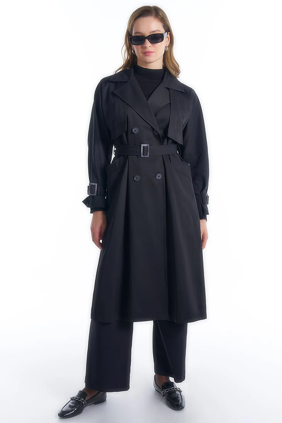 Double-Breasted Collar Belted Trench Coat in Black