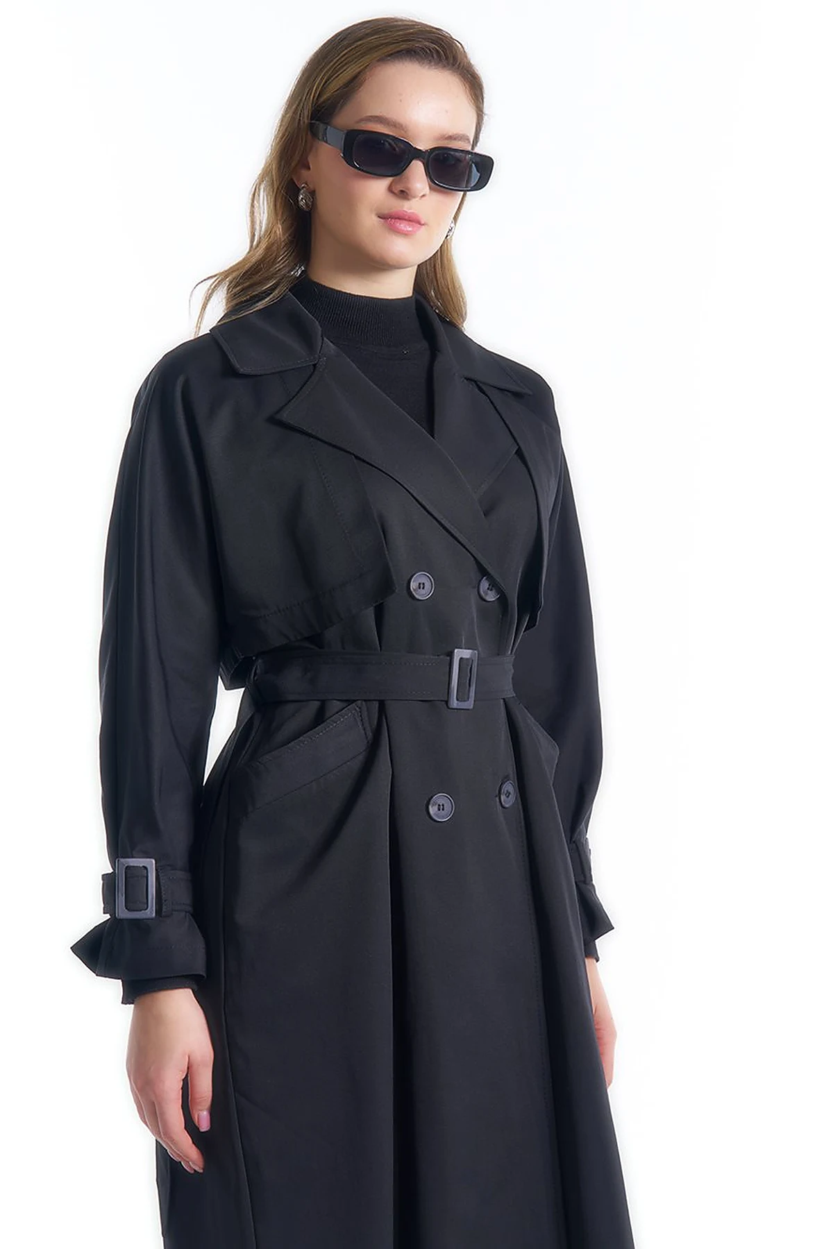Double-Breasted Collar Belted Trench Coat in Black