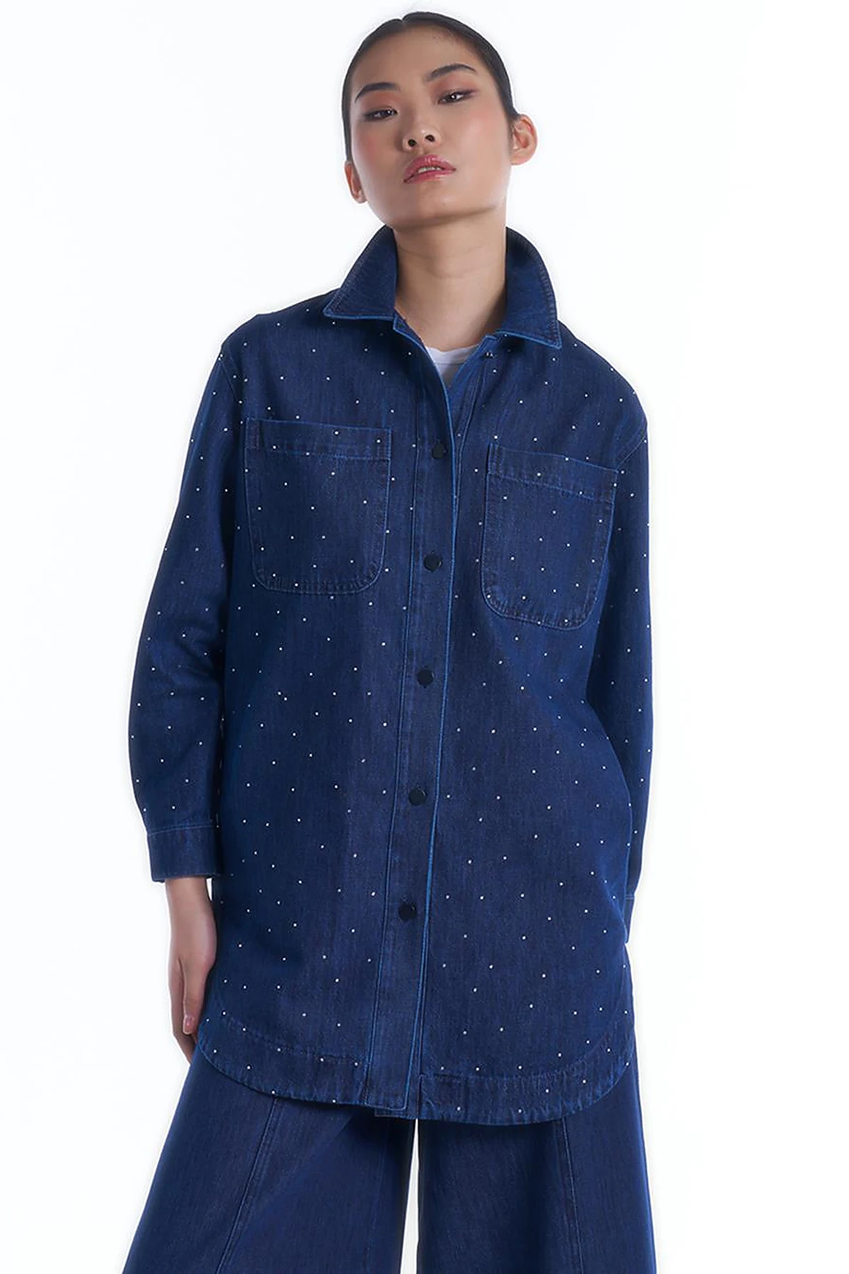 Taşlı Cep Detaylı Denim Ceket İndigo