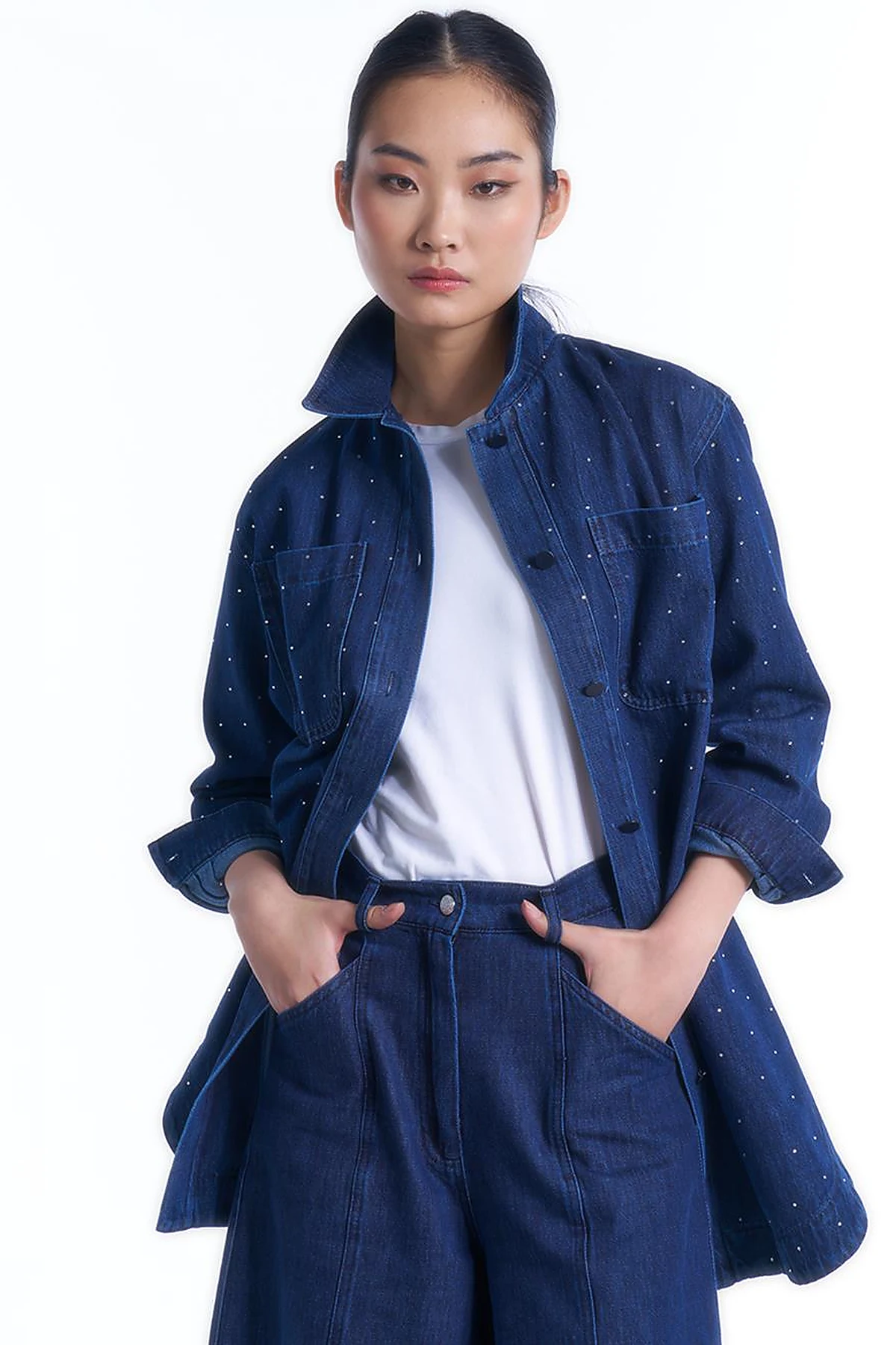 Taşlı Cep Detaylı Denim Ceket İndigo