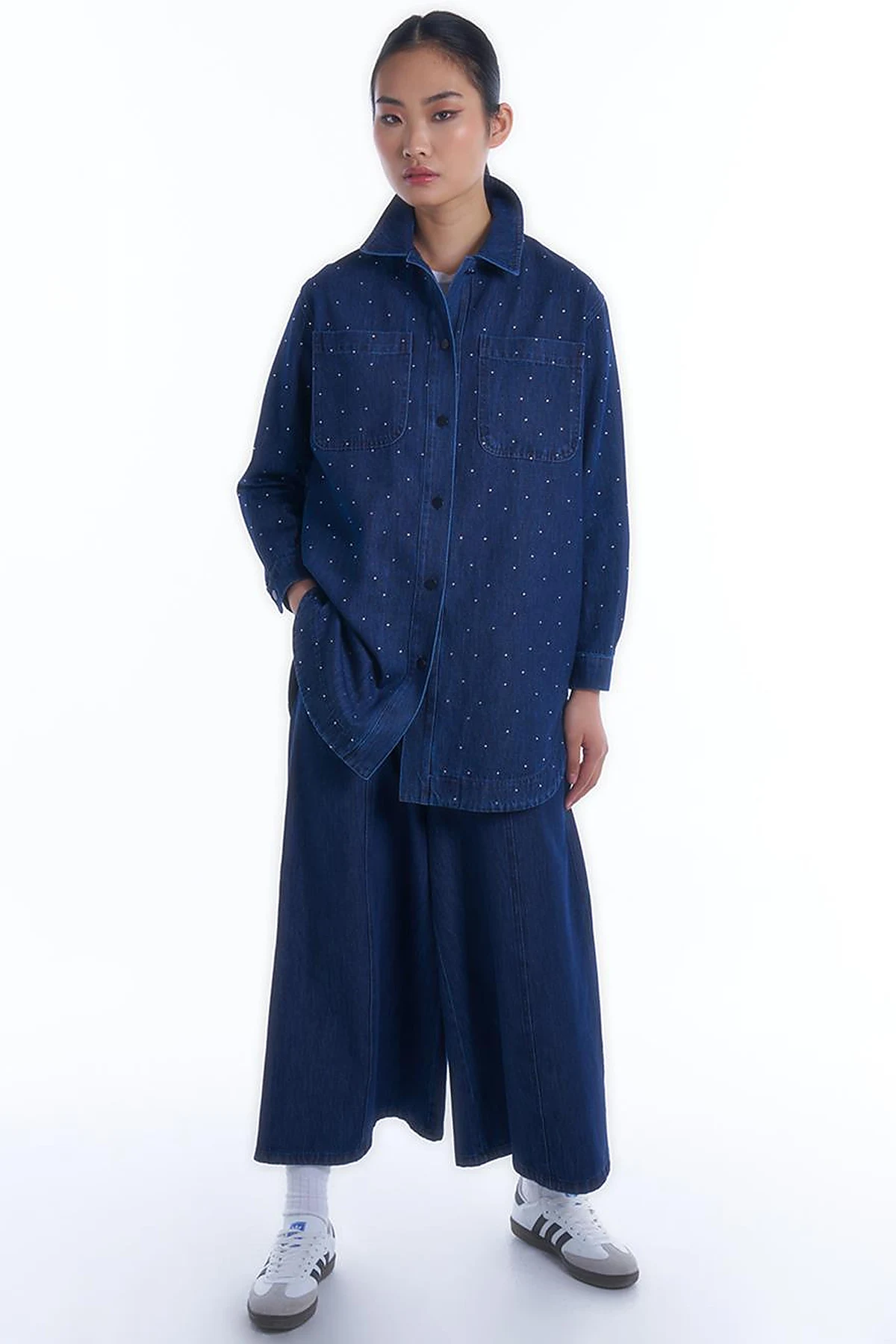 Taşlı Cep Detaylı Denim Ceket İndigo