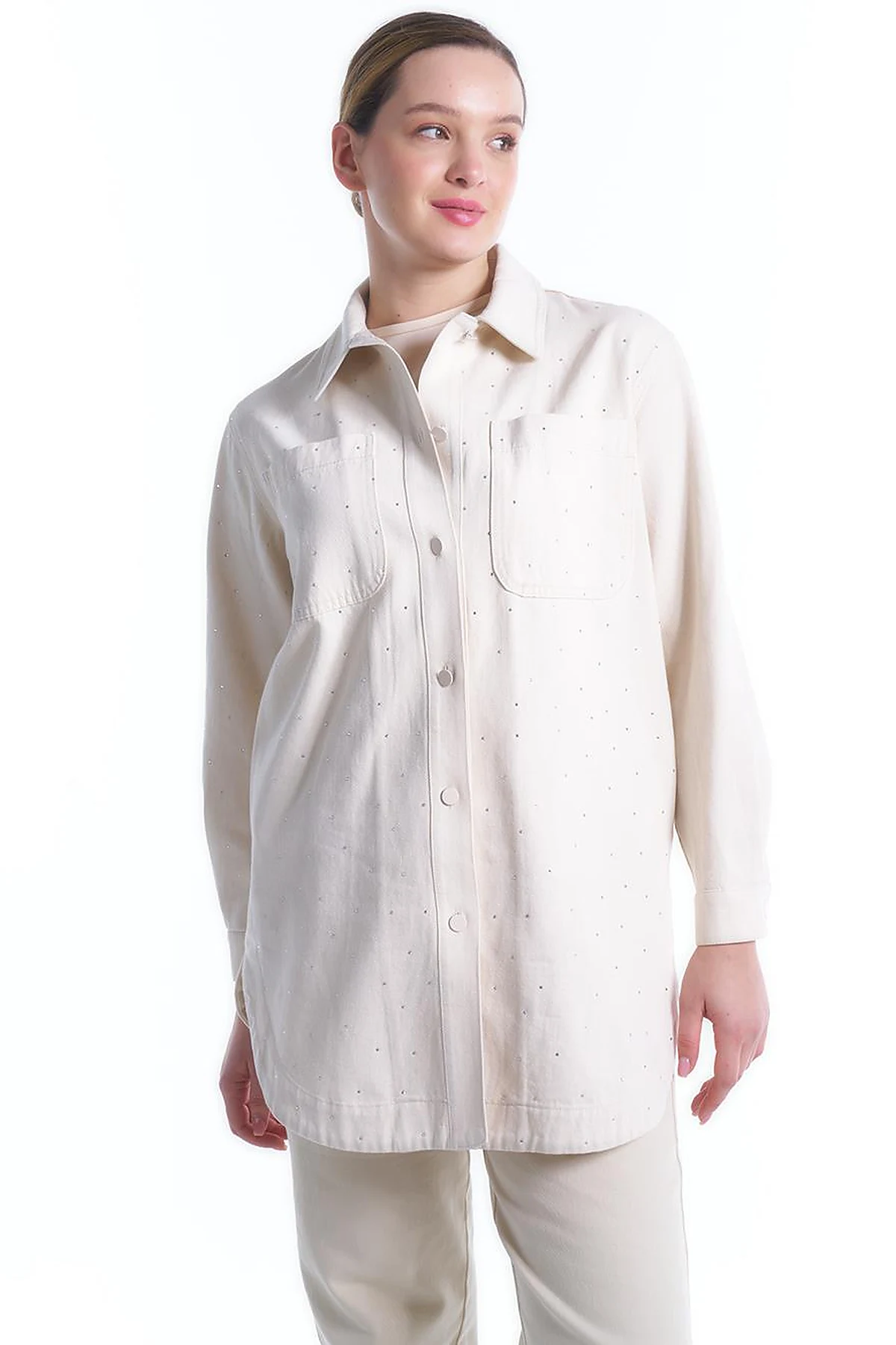 Taşlı Cep Detaylı Denim Ceket Krem