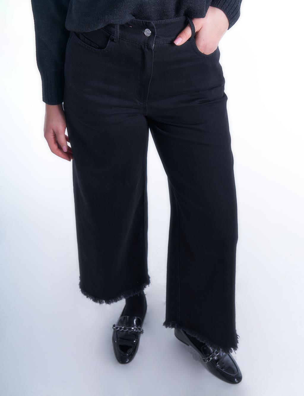 Elastic Waist Tasseled Denim Trousers Black