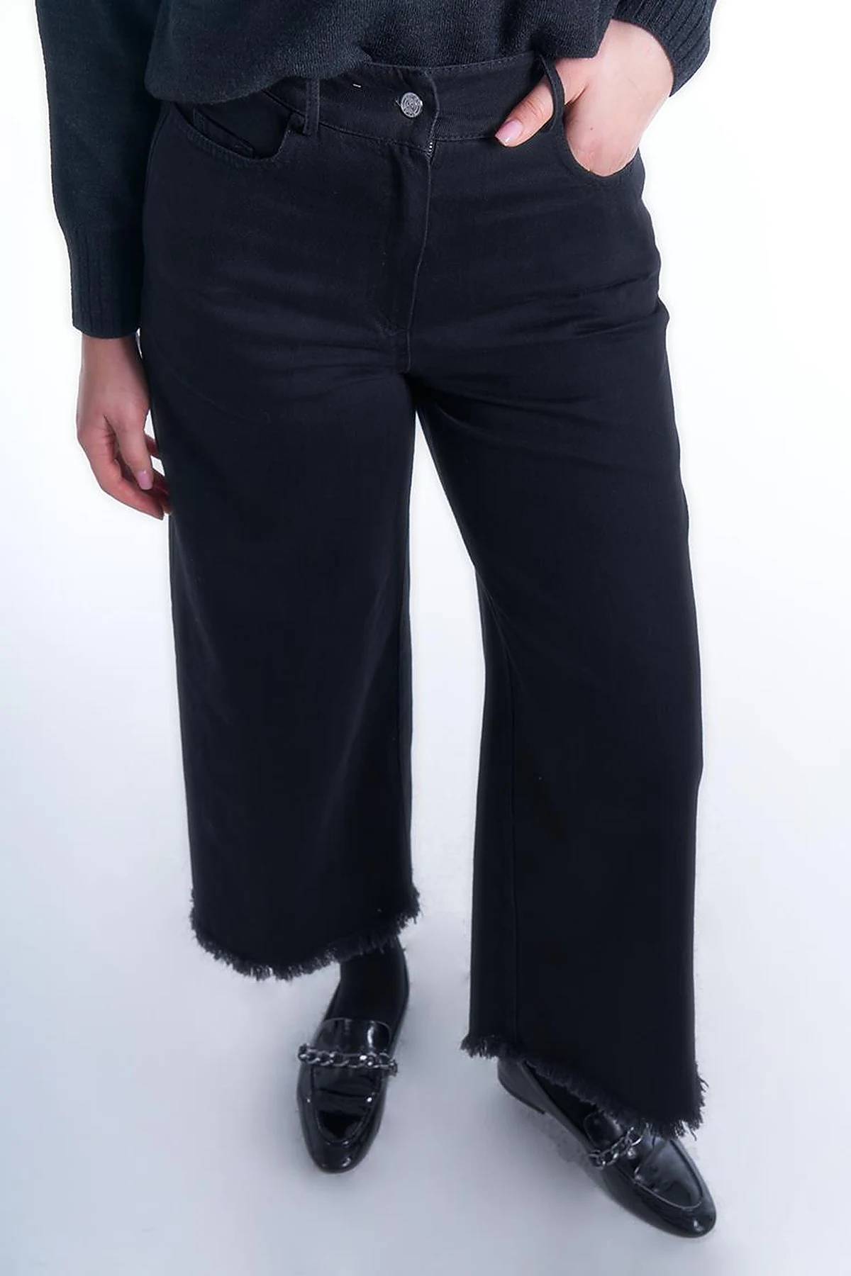Beli Lastikli Püsküllü Denim Pantolon Siyah