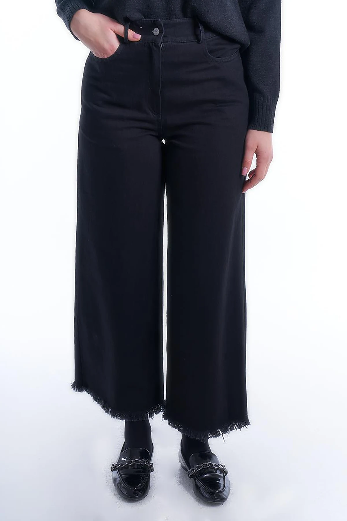 Beli Lastikli Püsküllü Denim Pantolon Siyah