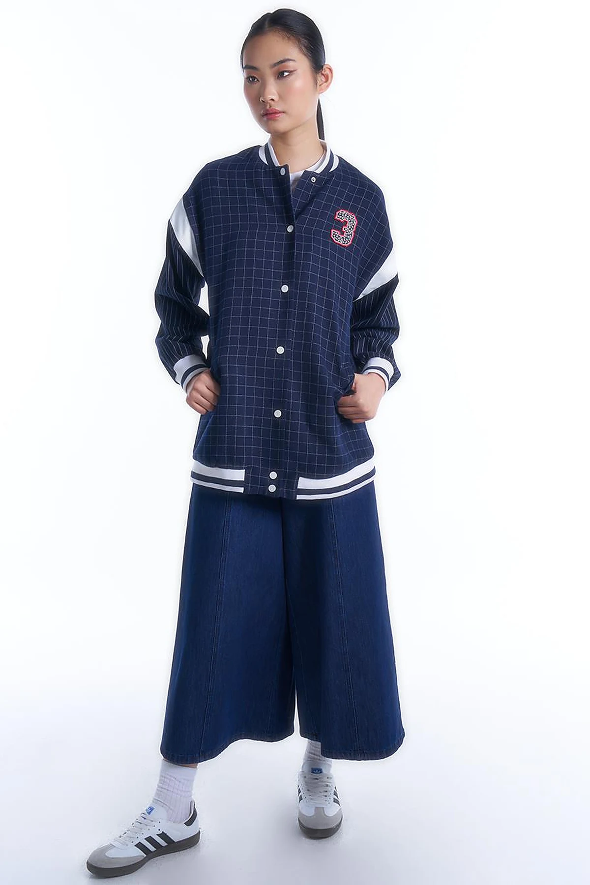 College Collar Snap Closure Jacket Navy Blue