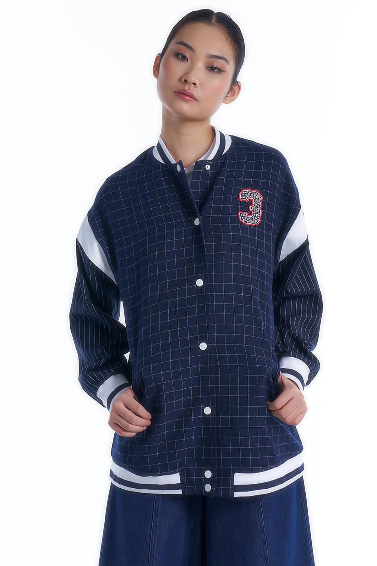 College Collar Snap Closure Jacket Navy Blue